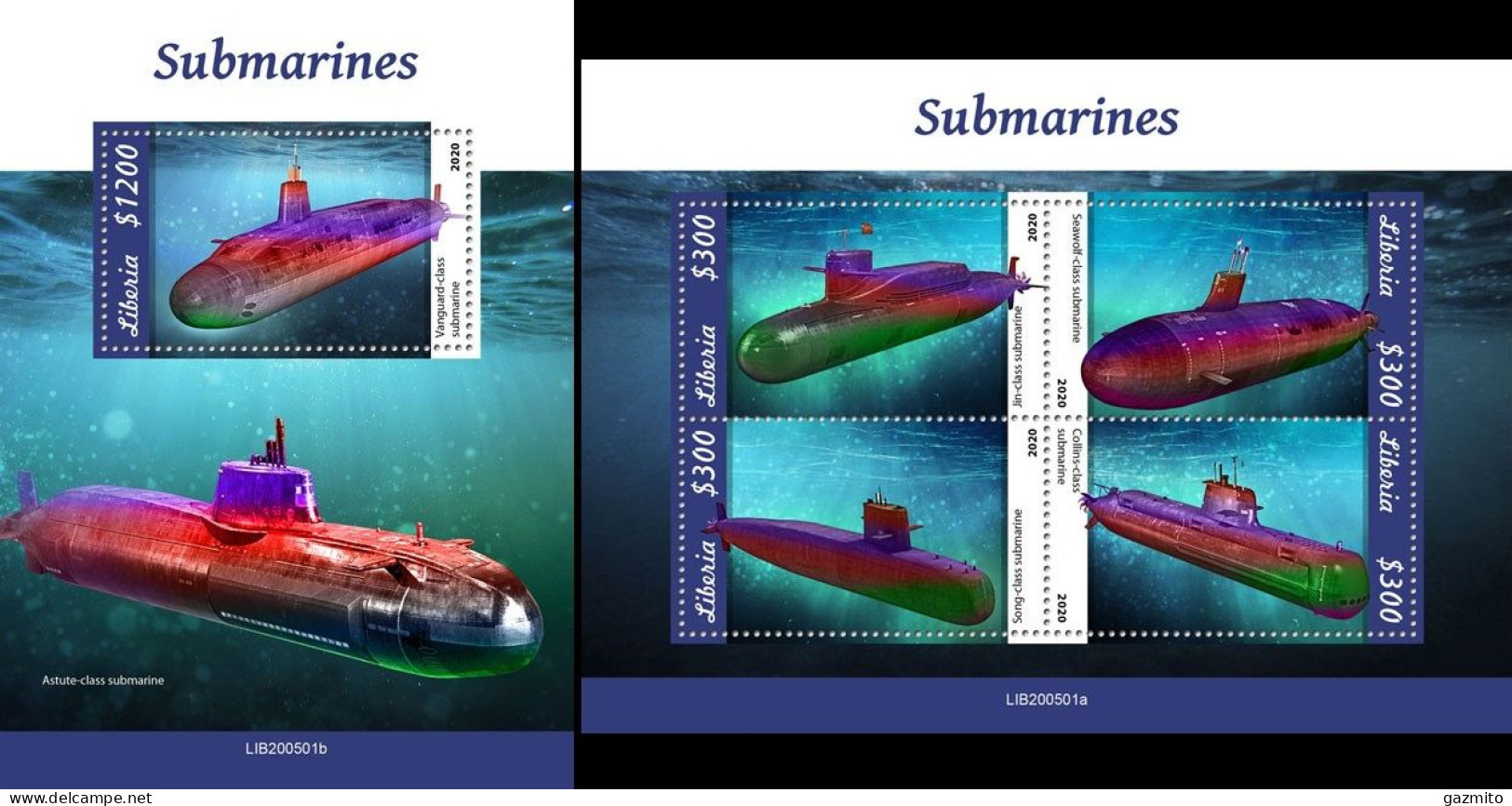 Liberia 2020, Submarines, 4val In BF +BF - Duikboten