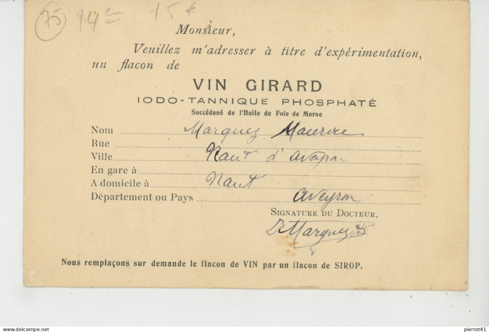 PARIS - XIVème Arr. - Carte De Correspondance VIN GIRARD 48 Rue D'Alésia - Demande Flacon Pour Expérimentation - Arrondissement: 14