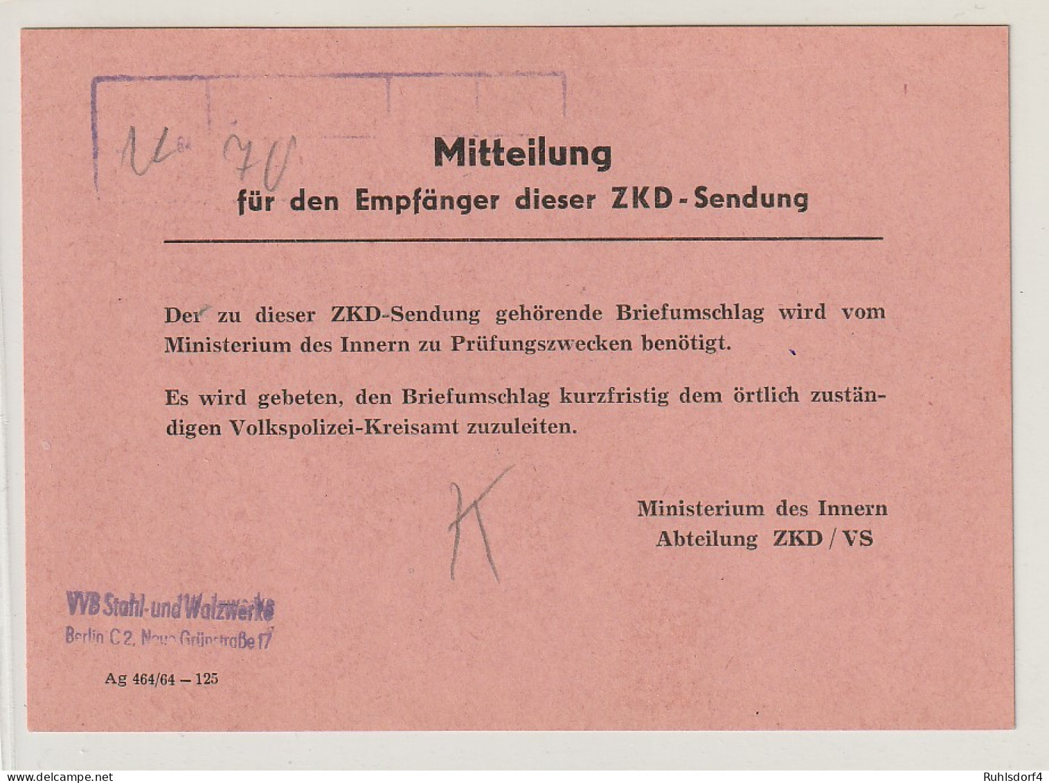 ZKD: Mitteilungskarte Des MdI/ZKD Wegen Rückgabe Eines Umschlags - Sonstige & Ohne Zuordnung