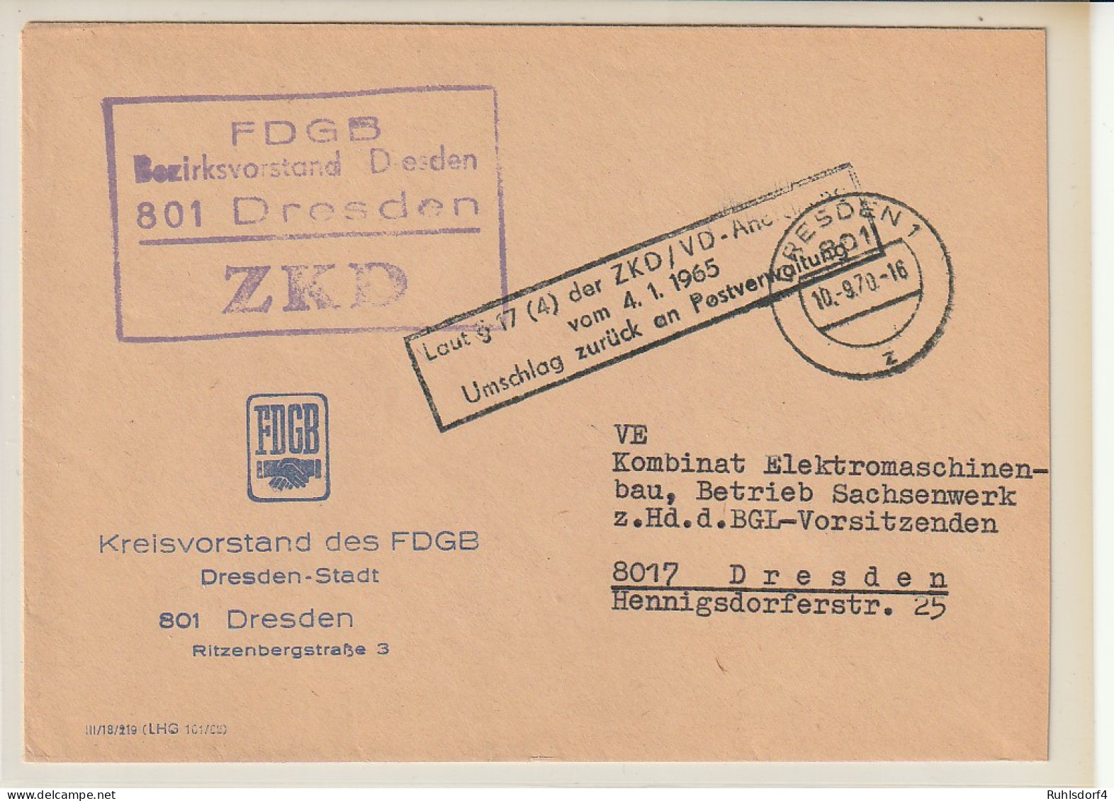ZKD-Brief: "Laut § 17 (4) Der ZKD /...." (schwarzer Kastenstempel) - Andere & Zonder Classificatie