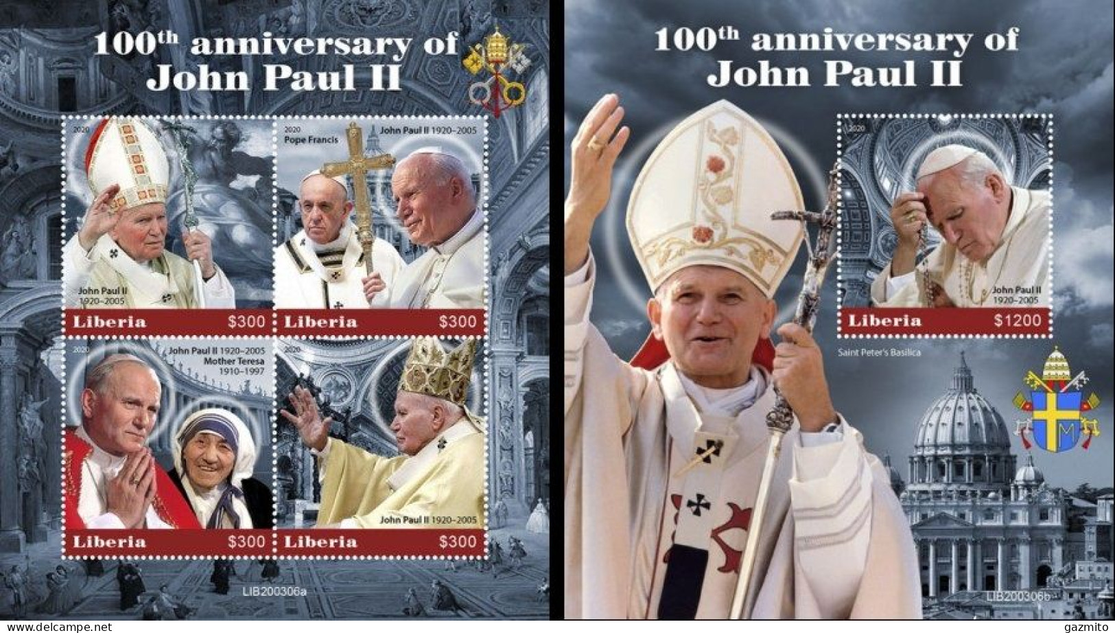 Liberia 2020, Pope J. Paul II, 4val In BF +BF - Pausen