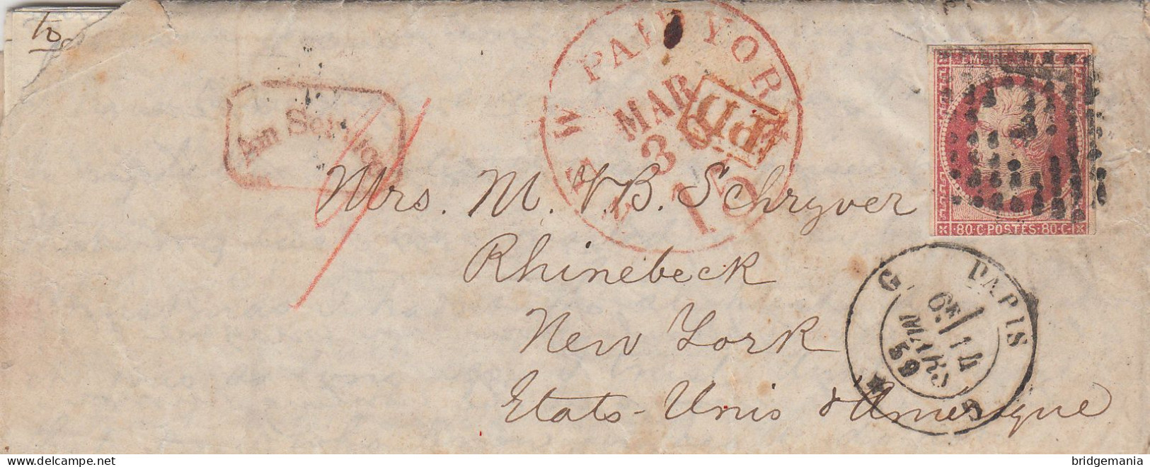 MTM139 - 1859 TRANSATLANTIC LETTER FRANCE TO USA Steamer KANGAROO VANDERBILT LINE - PAID - Storia Postale