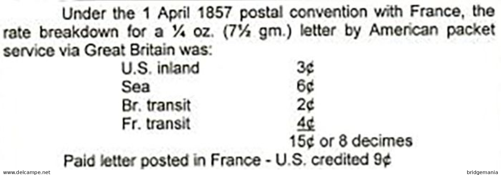 MTM139 - 1859 TRANSATLANTIC LETTER FRANCE TO USA Steamer KANGAROO VANDERBILT LINE - PAID - Postal History