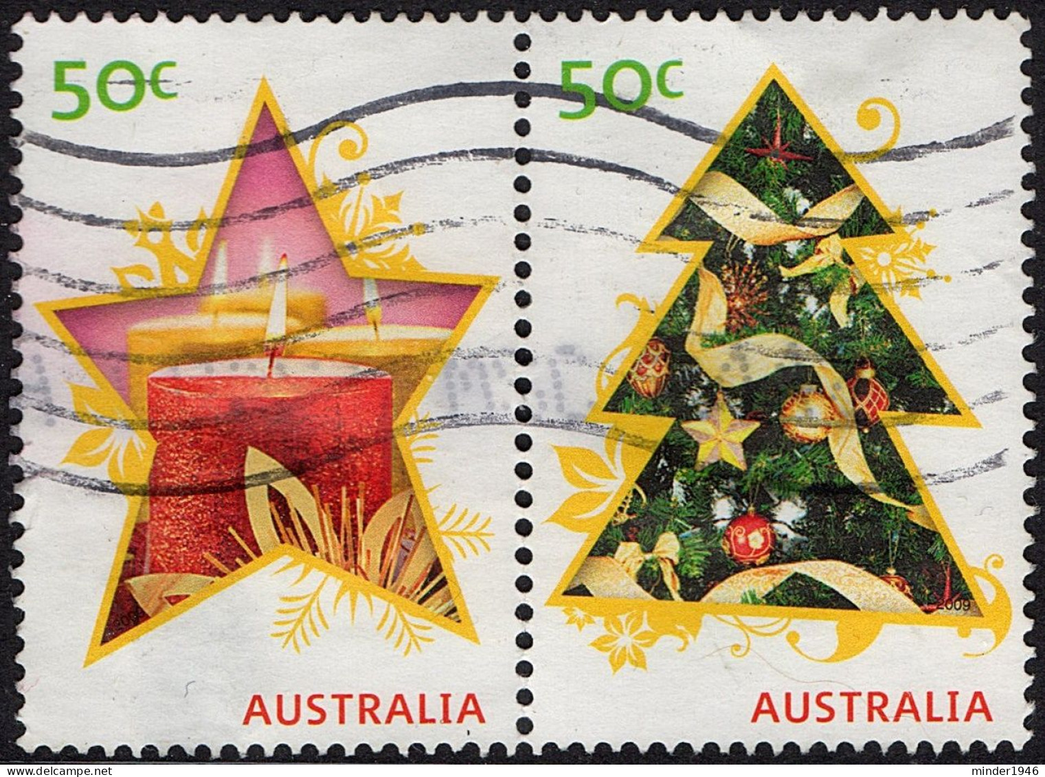 AUSTRALIA 2009 QEII 50c Joined Pair Multicoloured, Christmas-Christmas Star/Candles & Christmas Tree Used - Usados