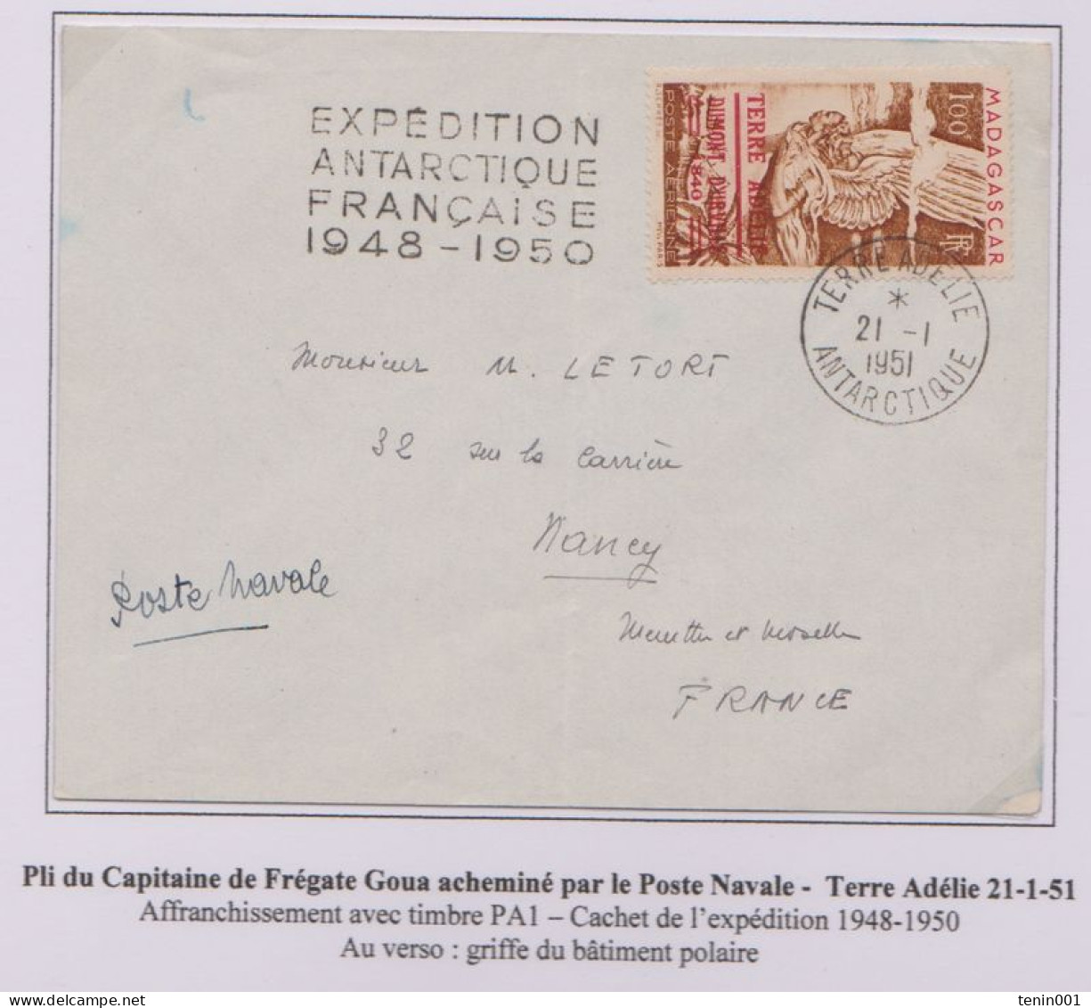 Terres Australes Françaises - Terre Adélie 21-1-1951 - Poste Navale - Batiment Commandant Charcot - Cachet Expédition - - ...-1955 Préphilatélie