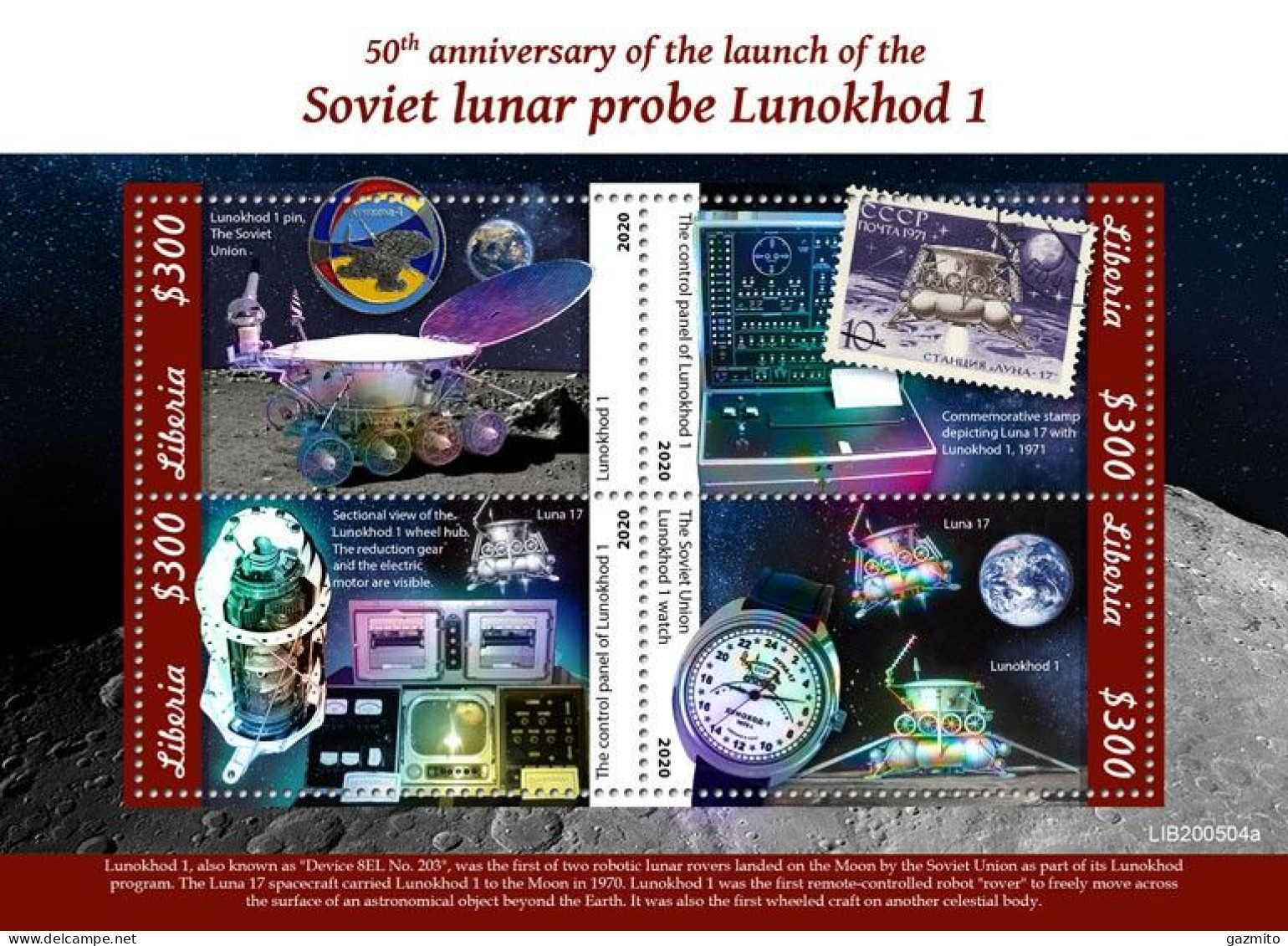 Liberia 2020, Space Lunakhod 1, Clock, Stamp On Stamp, BF - Postzegels Op Postzegels