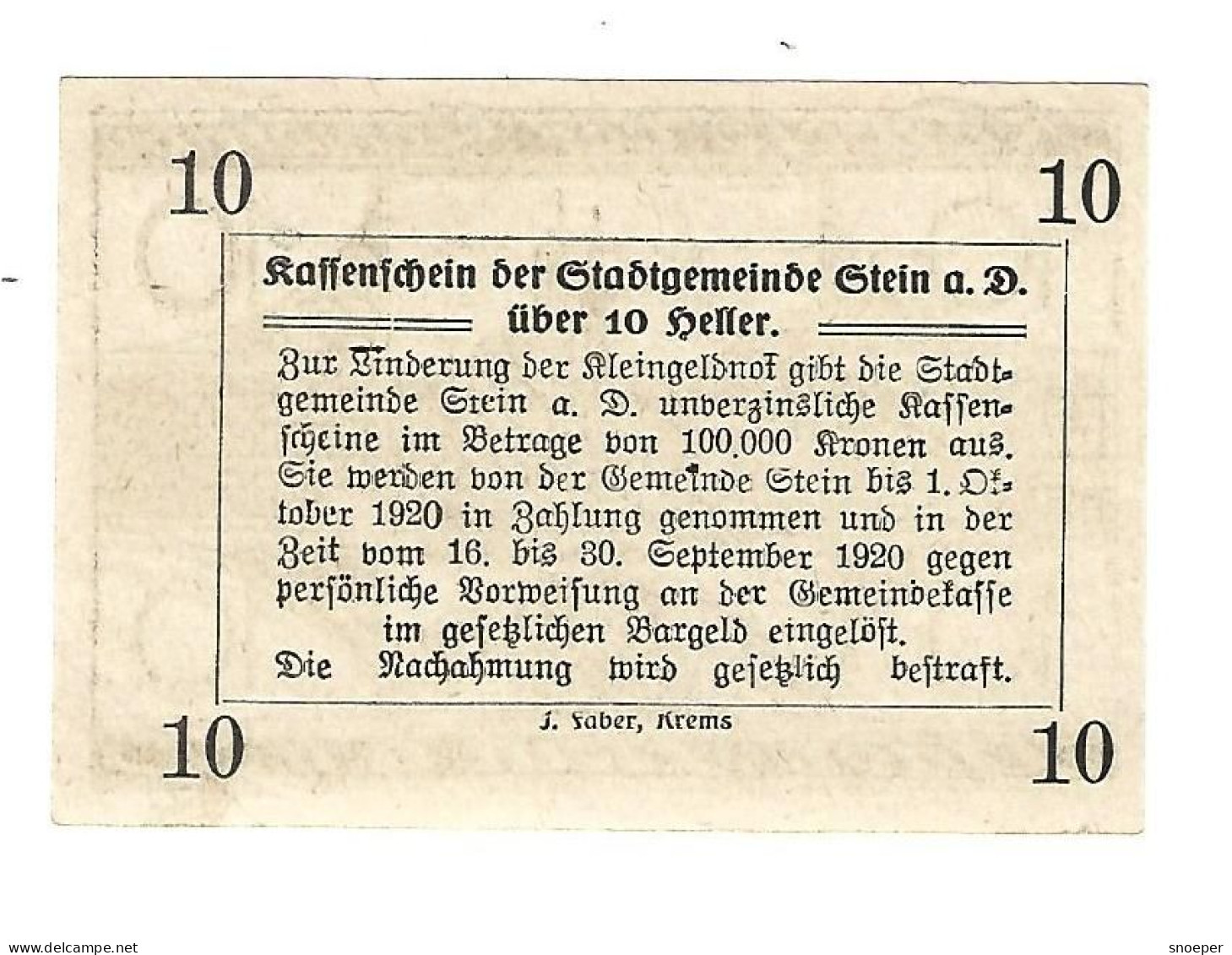 **Austria Notgeld Stein  10 Heller1015.1c - Austria