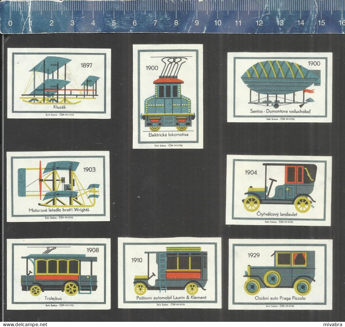 DEVELOPMENT OF TRANSPORT - BALLOONS SHIPS CARS BICYCLES ZEPPELIN LOCOMOTIVES ETC... CZECHOSLOVAKIAN MATCHBOX LABELS 1968 - Luciferdozen - Etiketten