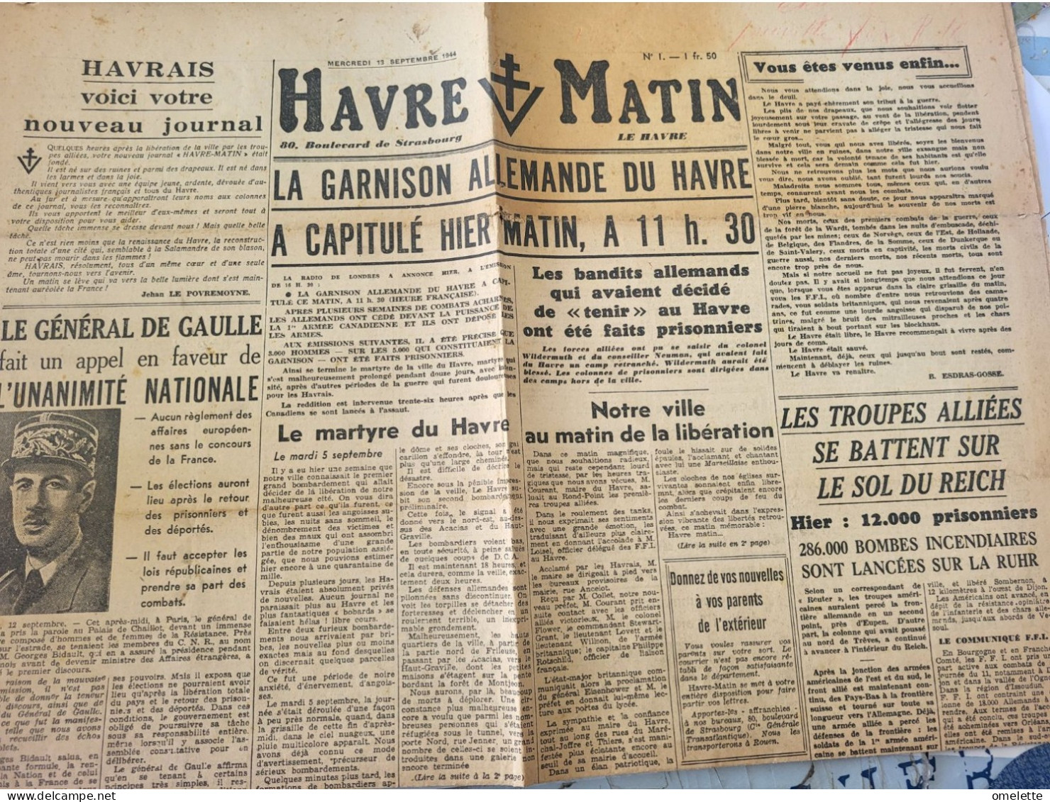 HAVRE MATIN NUMERO 1 /DE GAULLE /CAPITULATION ALLEMANDE /LE POVREMOYNE /JEANNENEY VERLOMME/ROUEN MONTIER  /BONNARD - Havre Libre