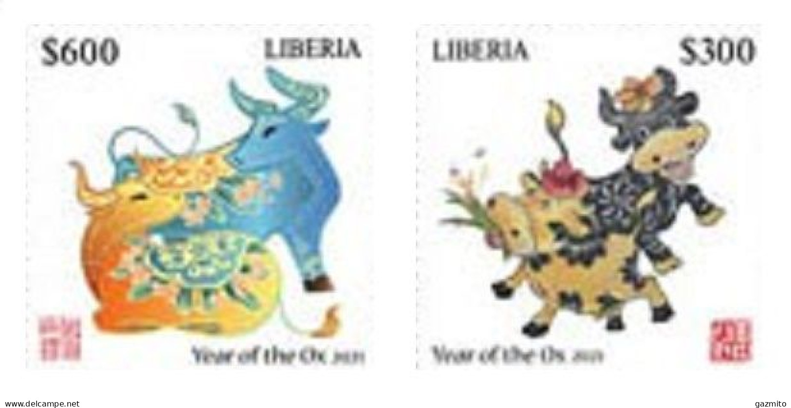 Liberia 2020, Year Of The OX, 2val IMPERFORATED - Chinese New Year