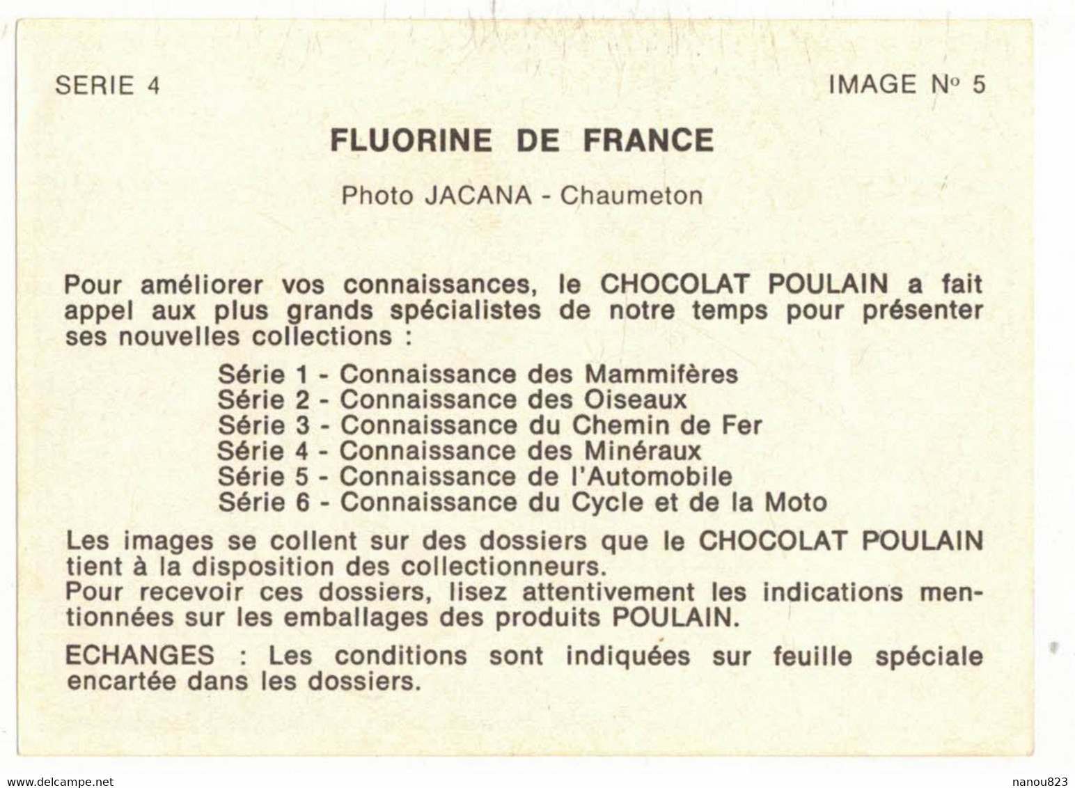 IMAGE CHROMO CHOCOLAT POULAIN Série 4 N° 5 GEOLOGIE MINERAUX FLUORINE DE FRANCE PIERRE FLUORITES CRISTAL JOAILLERIE - Poulain