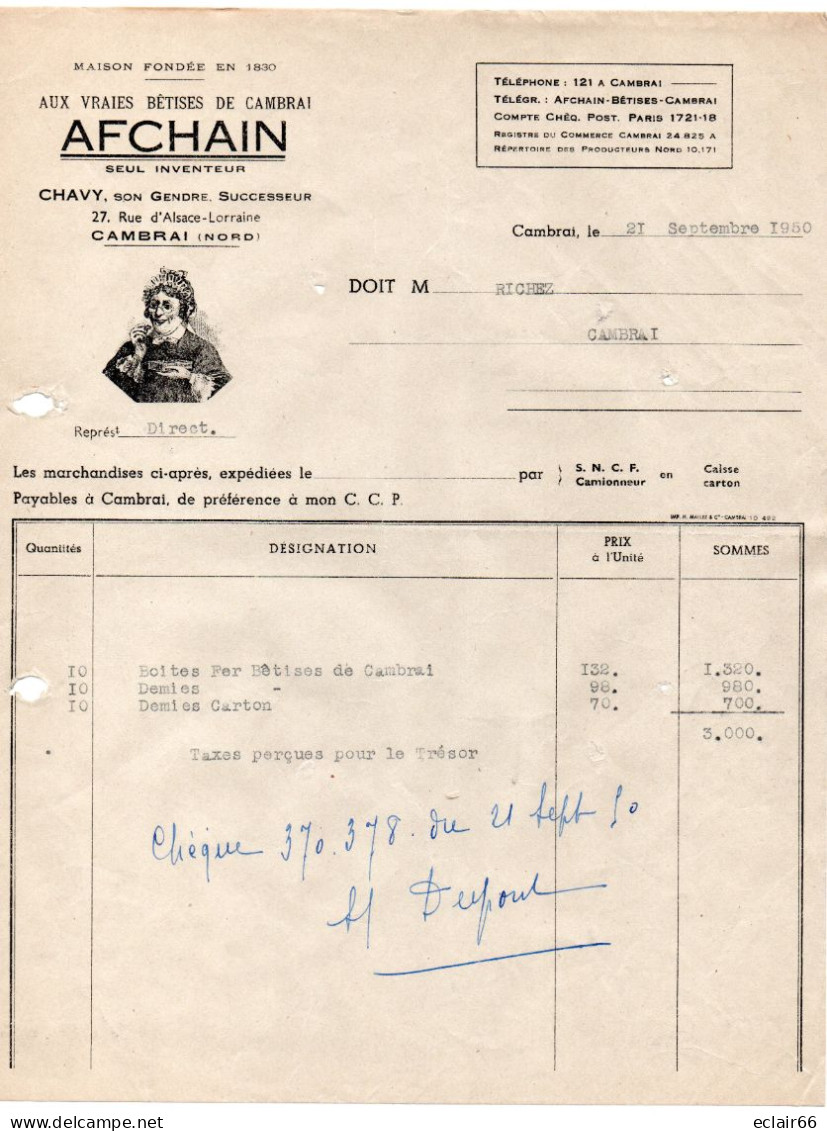 BÊTISES DE CAMBRAI AFCHAIN AUX VRAIES BÊTISES DE CAMBRAI AFCHAIN FACTURE Année Septembre 1950 - 1950 - ...