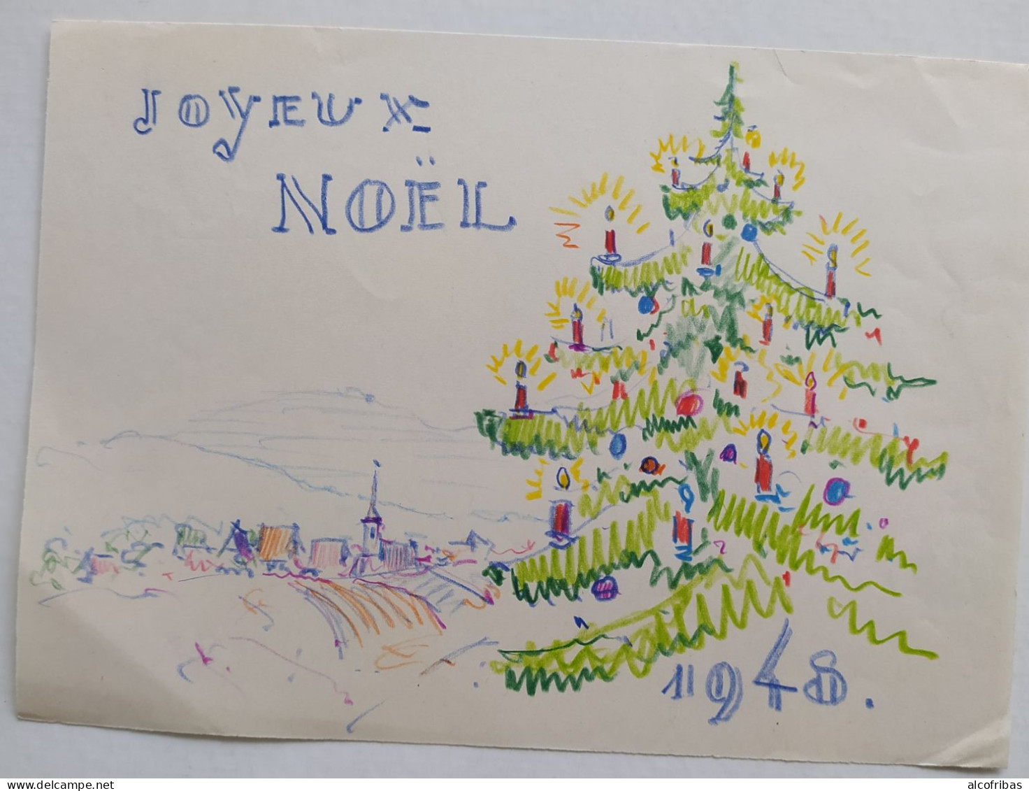 Dessin Aux Crayons De Couleur Joyeux Noel 1948 Sapin Village  De Jean Muller Strasbourg - Dibujos