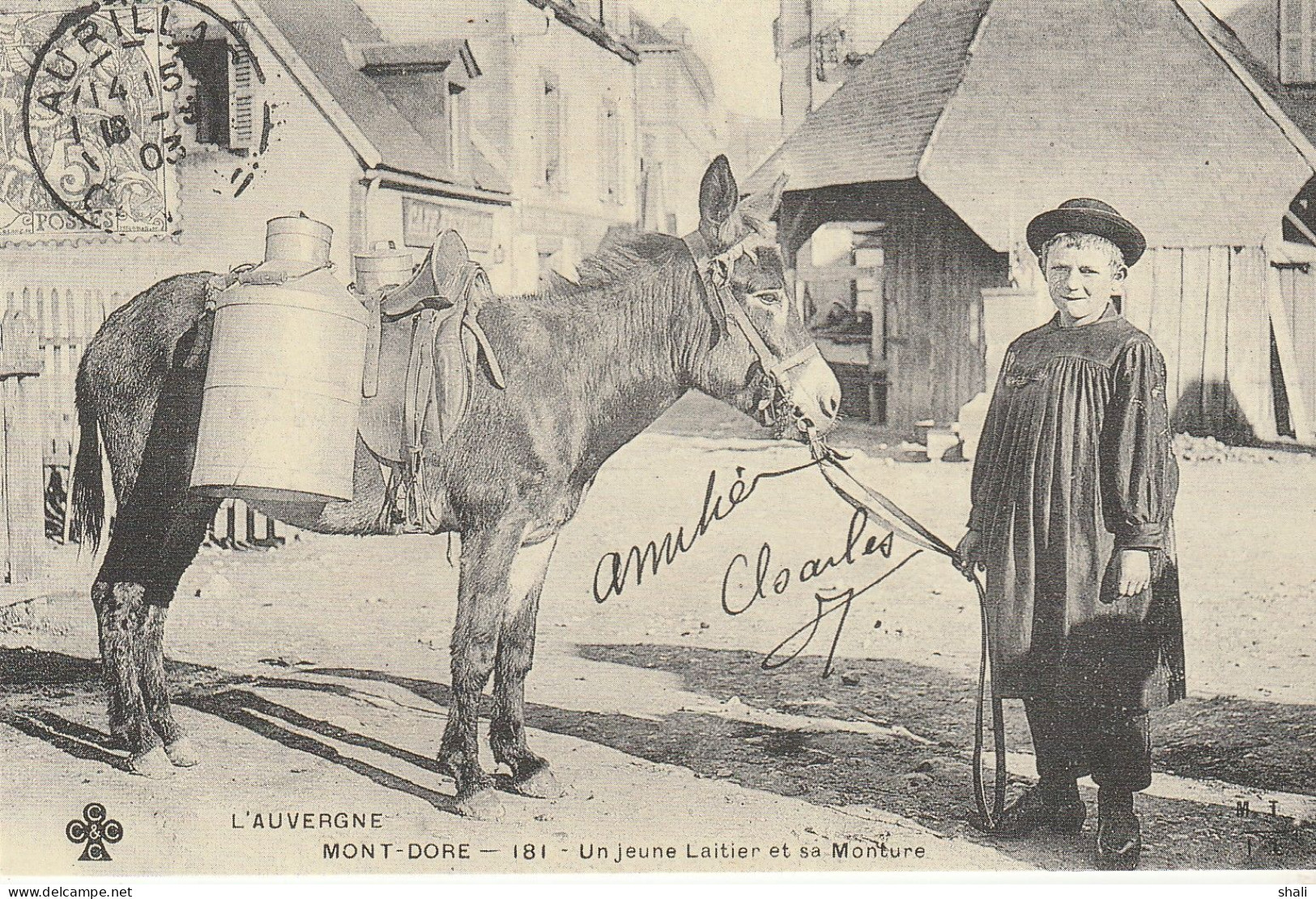 COPIE DE CARTE POSTALE ANCIENNE UN JEUNE LAITIER ET SA MONTURE - Fliegende Händler