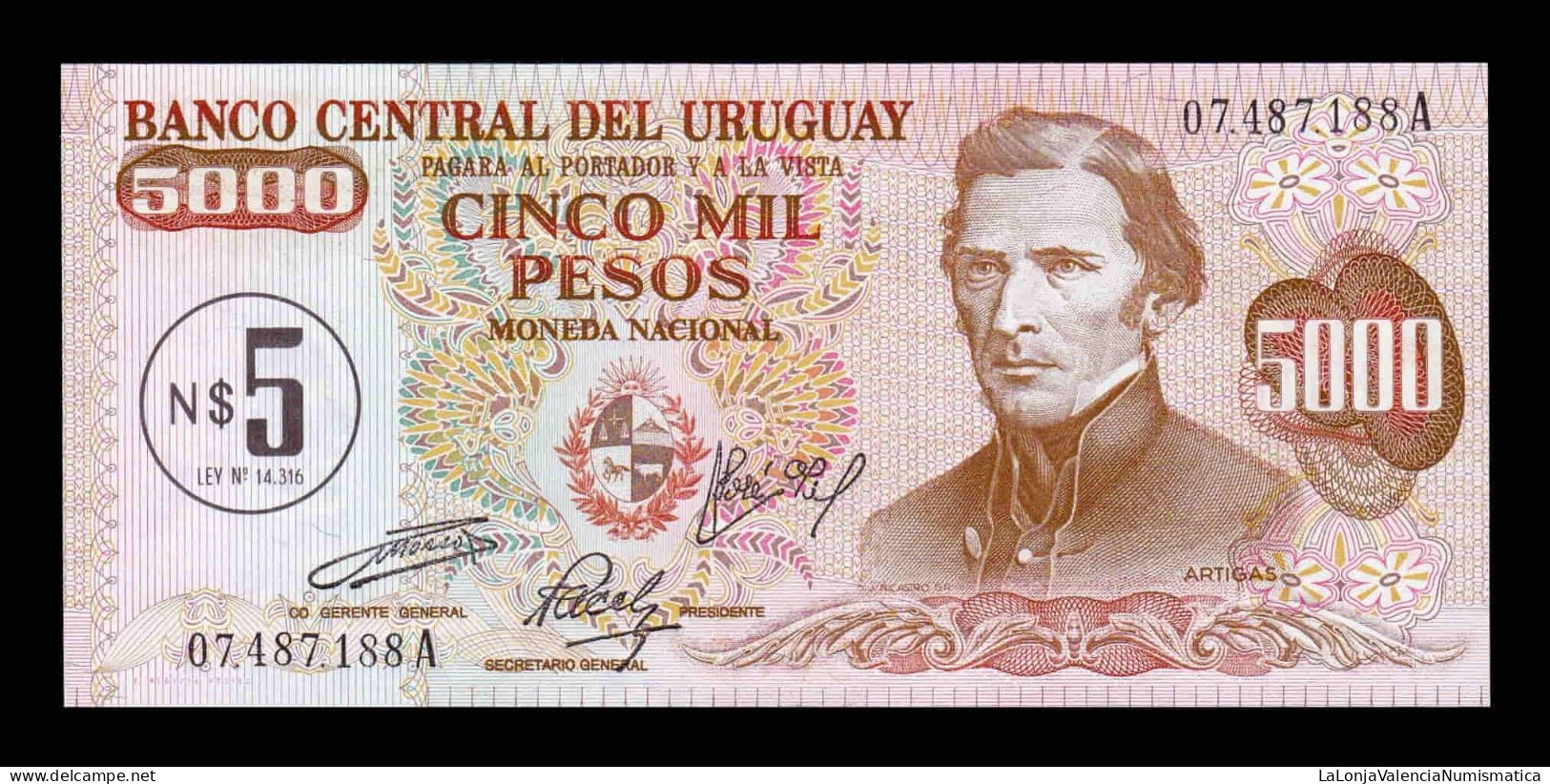 Uruguay 5 Nuevos Pesos On 5000 1975 Pick 57 Sc Unc - Uruguay