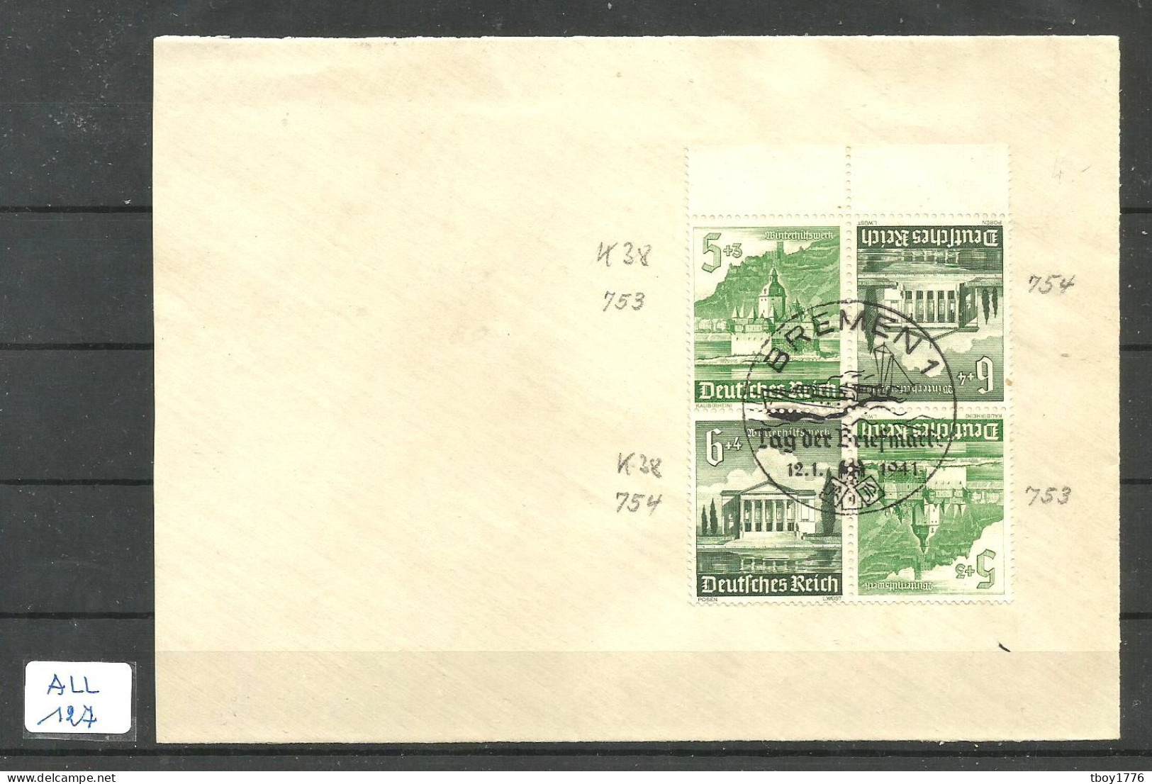 ALL Mi K38 X 2 Se Tenant Obl BREMEN 1 FDC 12//01/1941 TAG DER BRIEFMARKE - Se-Tenant