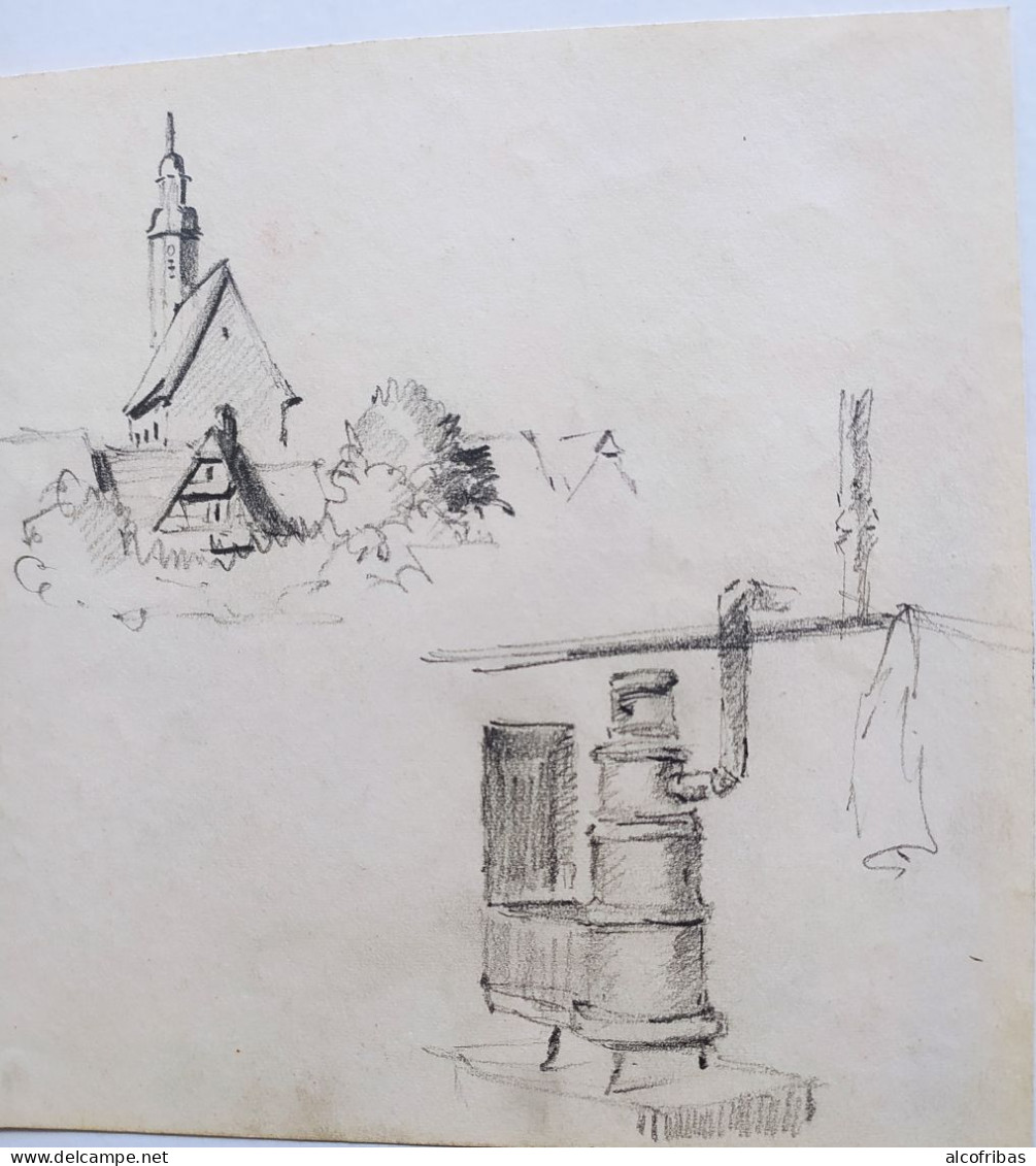 Dessin Au Crayon Eglise Maison Alsacienne Non Localisés Et Poele Ancien  De Jean Muller Strasbourg - Dibujos