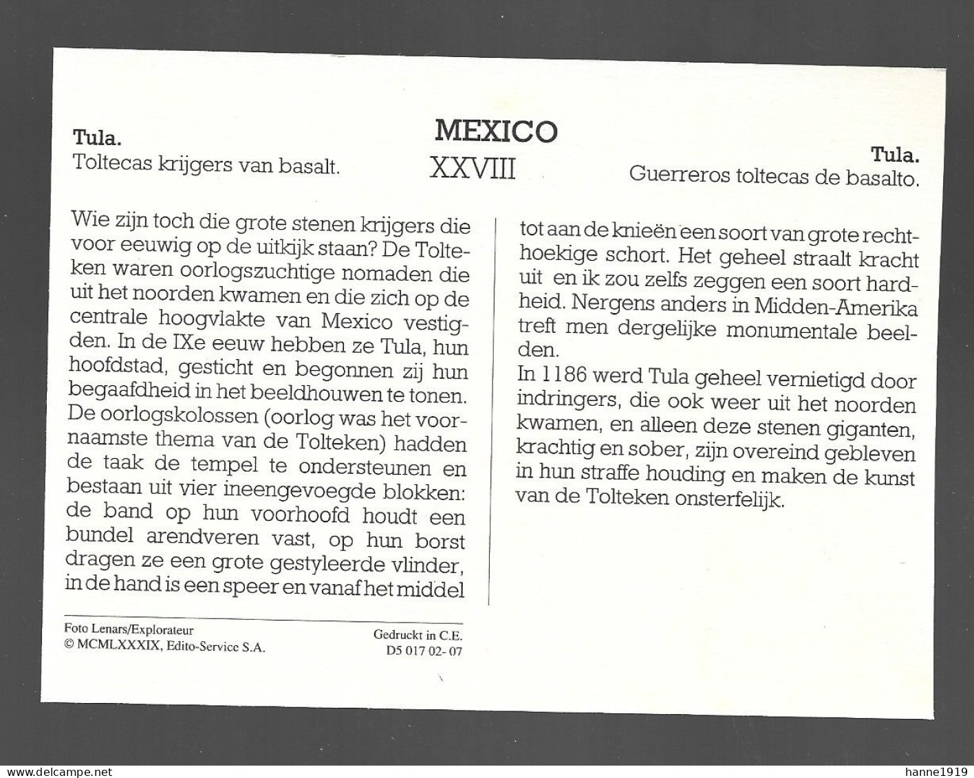 Mexico Guerreros Toltecas De Basalto Tula Photo Card Htje - Mexico