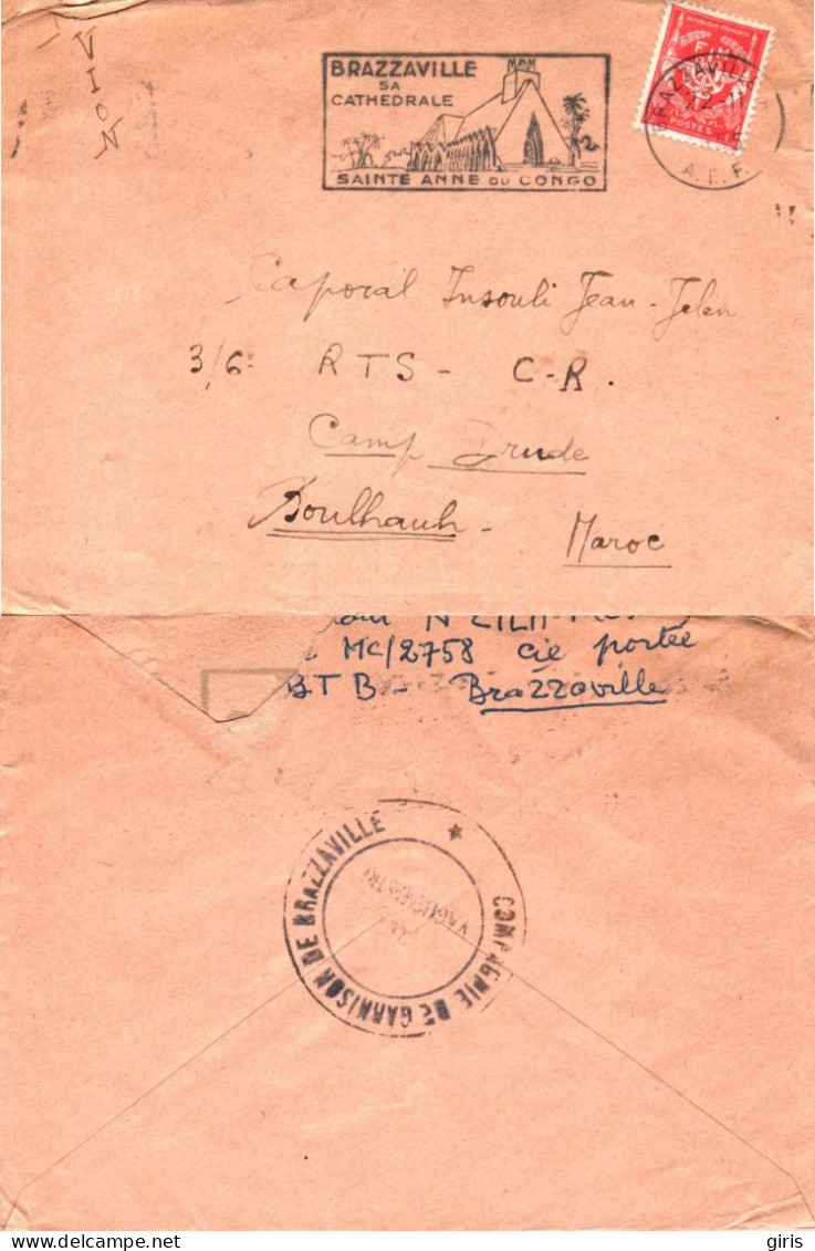 Lettre - F.M - A.E.F. - Obli Brazzaville Pour Camp Drude Boulhaut Maroc - Cachet Garnison De Brazzaville 1955 - Otros & Sin Clasificación