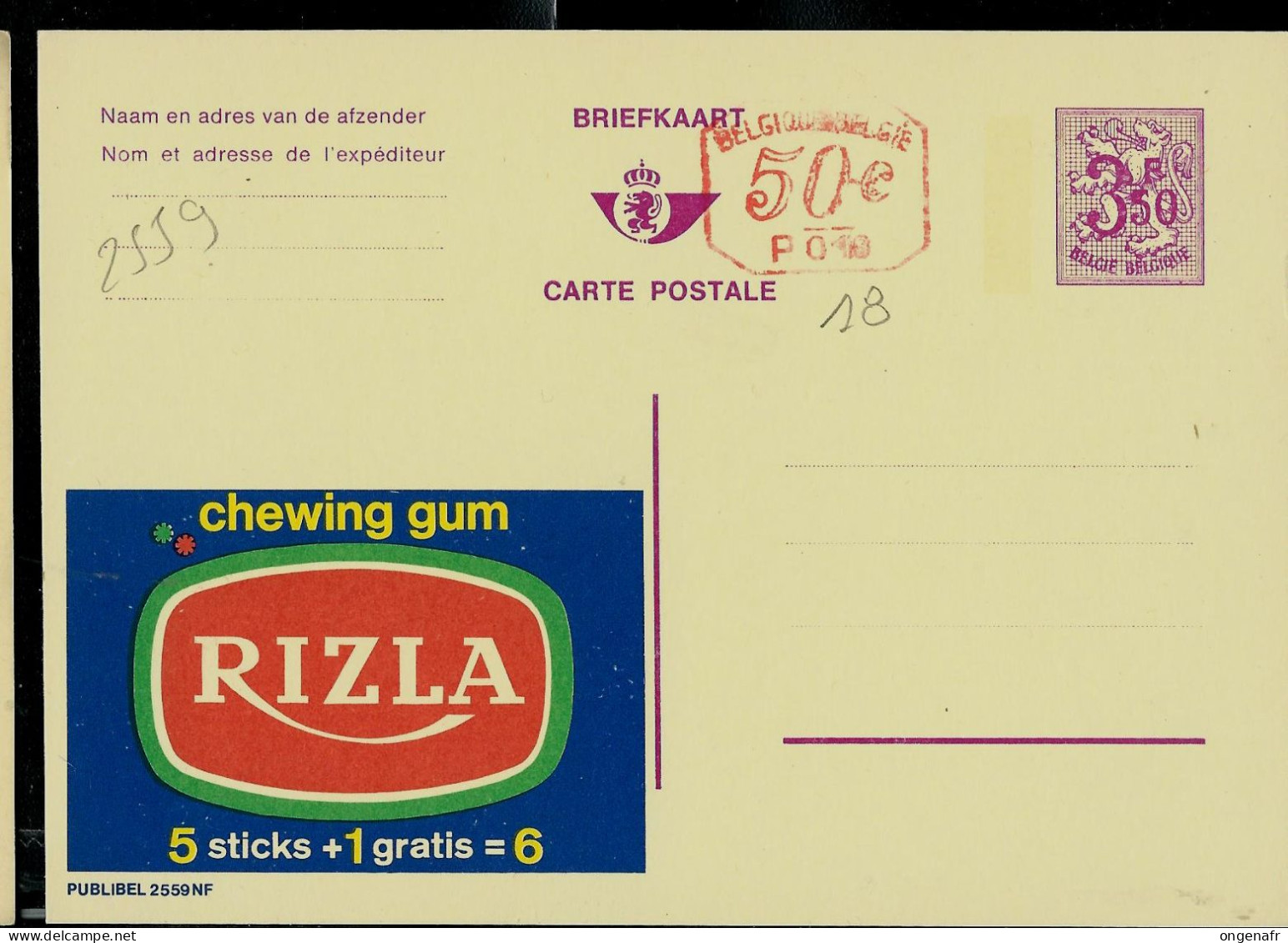 Publibel Neuve N° 2559 + P 018  ( Chewing Gum RIZLA ) - Werbepostkarten
