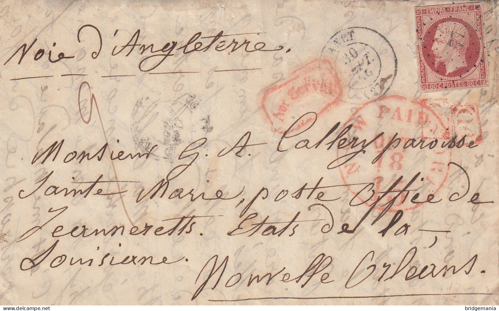 MTM140 - 1859 TRANSATLANTIC LETTER FRANCE TO USA Steamer HAMMONIA HAPAG PAID - Postal History