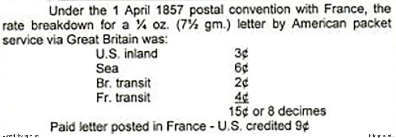 MTM140 - 1859 TRANSATLANTIC LETTER FRANCE TO USA Steamer HAMMONIA HAPAG PAID - Marcofilie