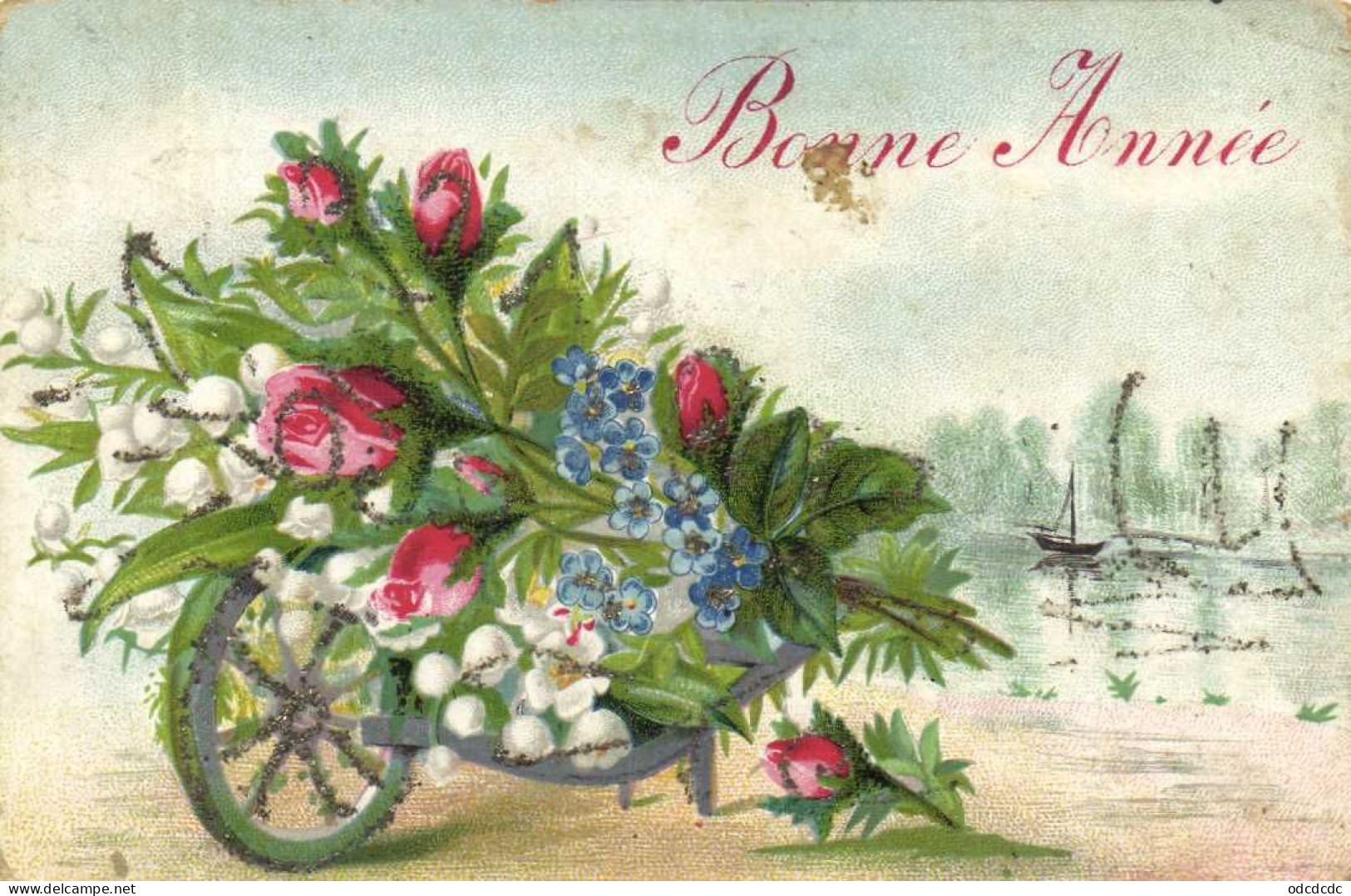 Illustrateur Brouette De Muguet Roses Et Myosotis Pailletée  Bonne Année RV - Flowers