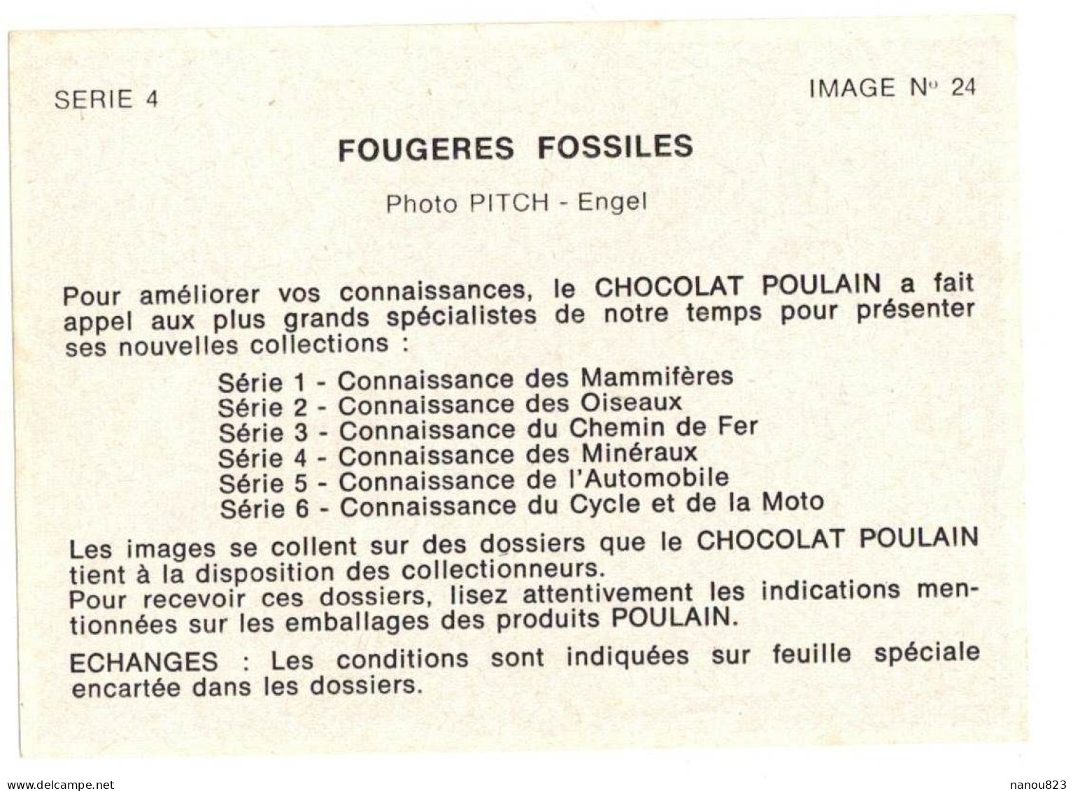 IMAGE CHROMO CHOCOLAT POULAIN Série 4 N° 24 GEOLOGIE MINERAUX MINERALOGIE FOUGERES FOSSILES PIERRE - Poulain