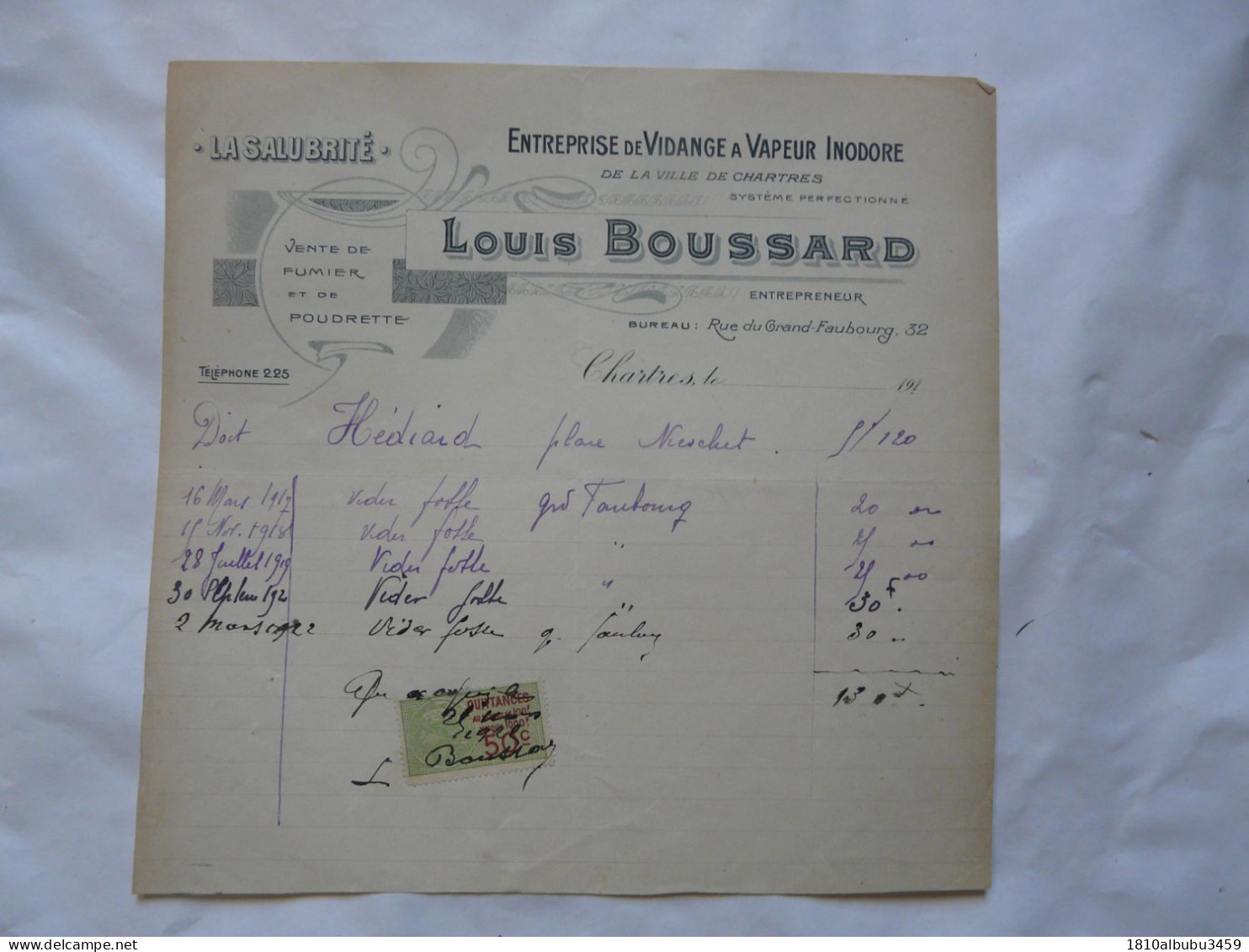 VIEUX PAPIERS - FACTURE ANCIENNE : Entreprise De Vidange à Vapeur Inodore - Louis BOUSSARD - CHARTRES - 1800 – 1899