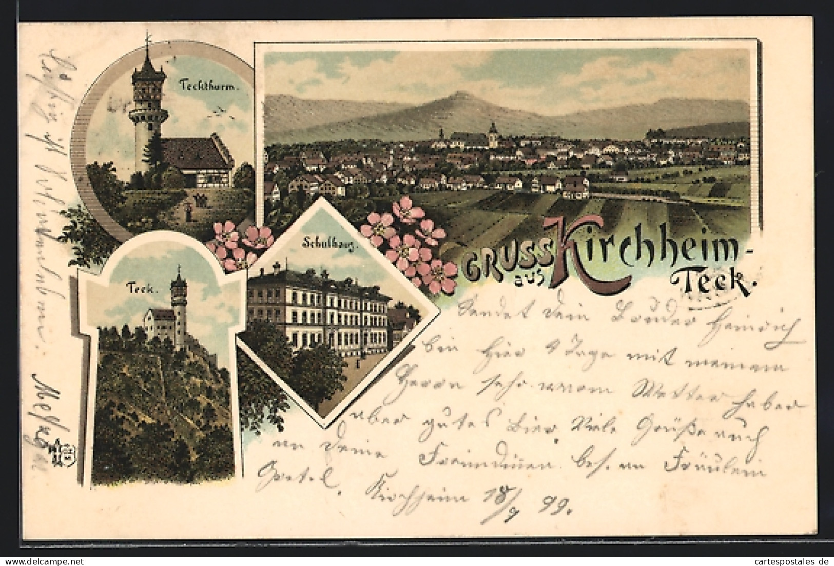 Lithographie Kirchheim /Teck, Teckturm, Schulhaus, Gesamtansicht  - Kirchheim