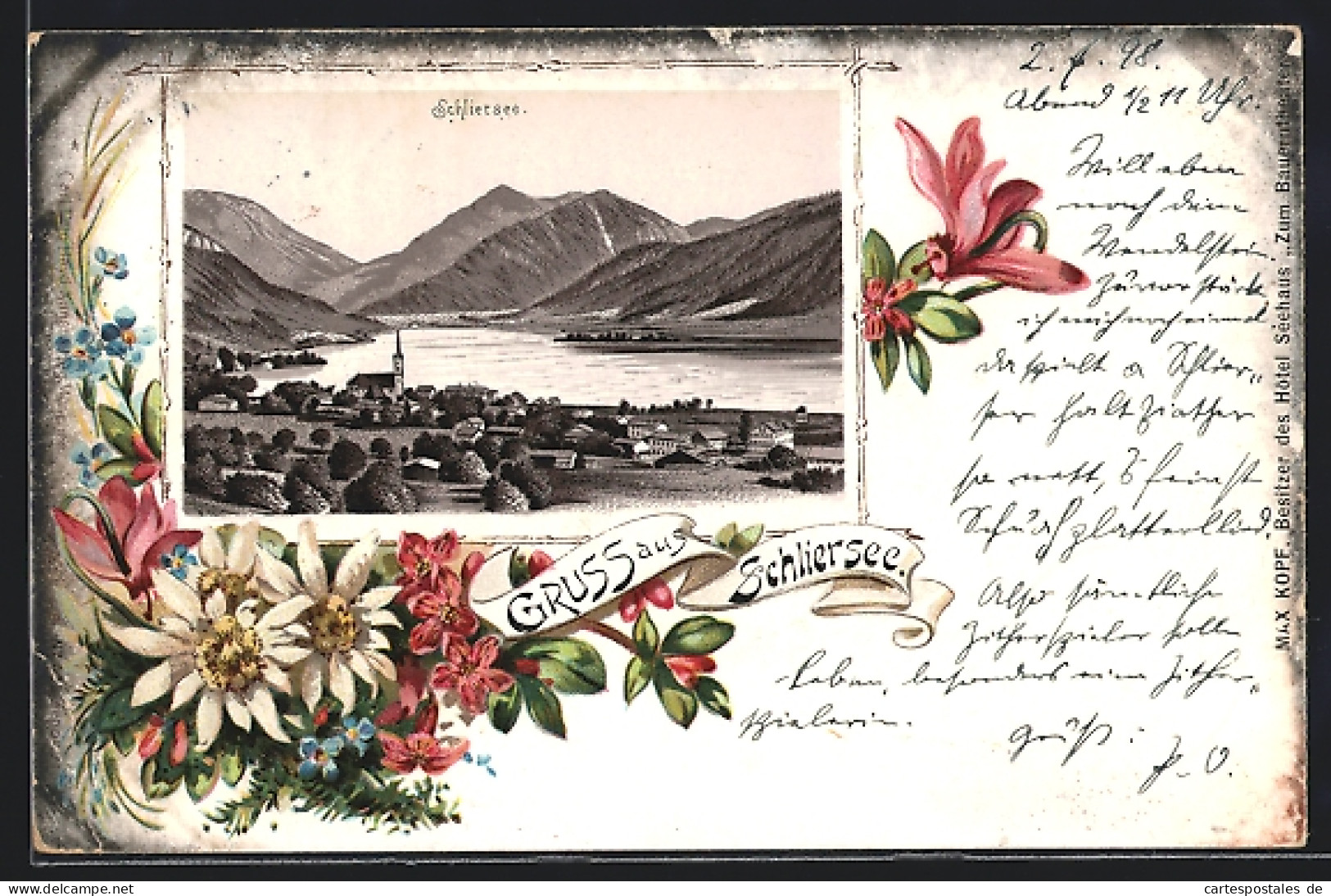 Passepartout-Lithographie Schliersee, Ortsansicht Mit Bergblick, Bergblumen  - Schliersee
