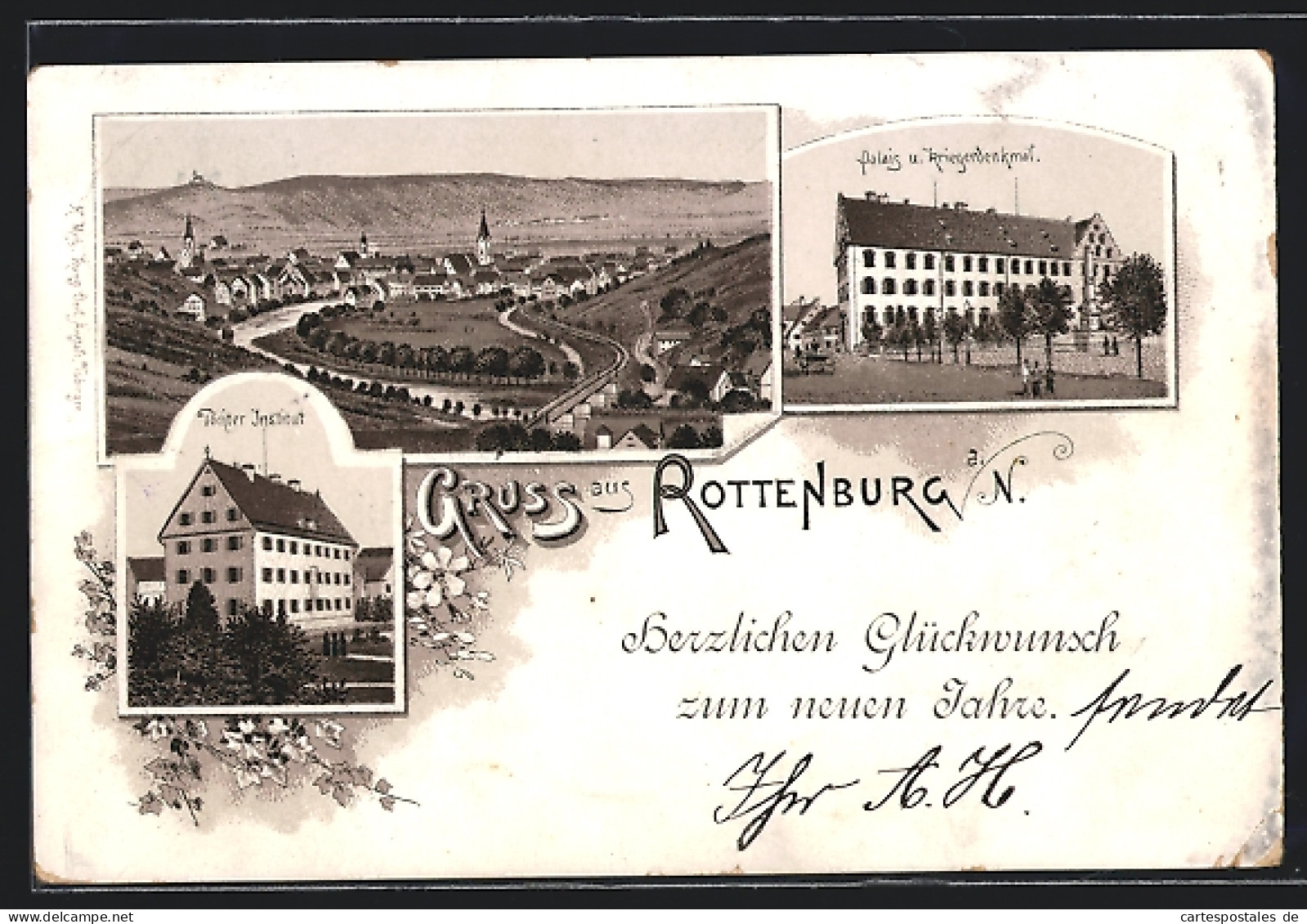 Vorläufer-Lithographie Rottenburg A. N., 1895, Töchter-Institut, Palais U. Kriegerdenkmal, Gesamtansicht, Neujahrsgr  - Rottenburg