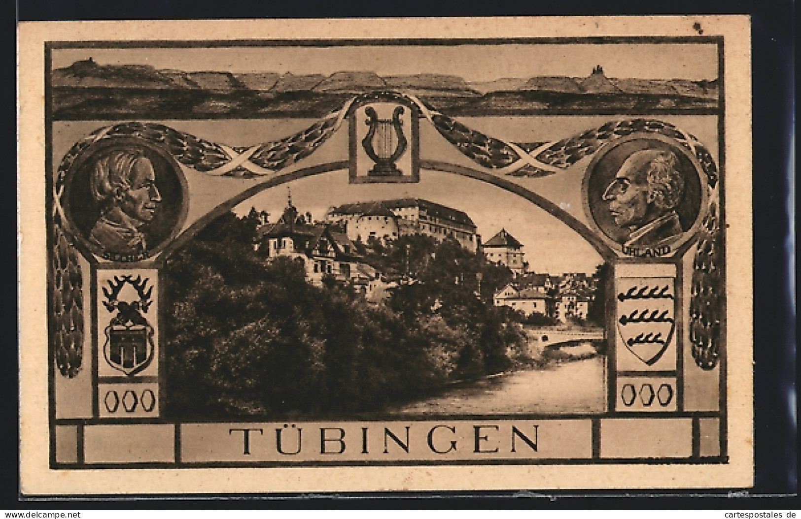 Passepartout-AK Tübingen, Portraits Silcher Und Uhland, Wappen, Ortsansicht  - Tübingen