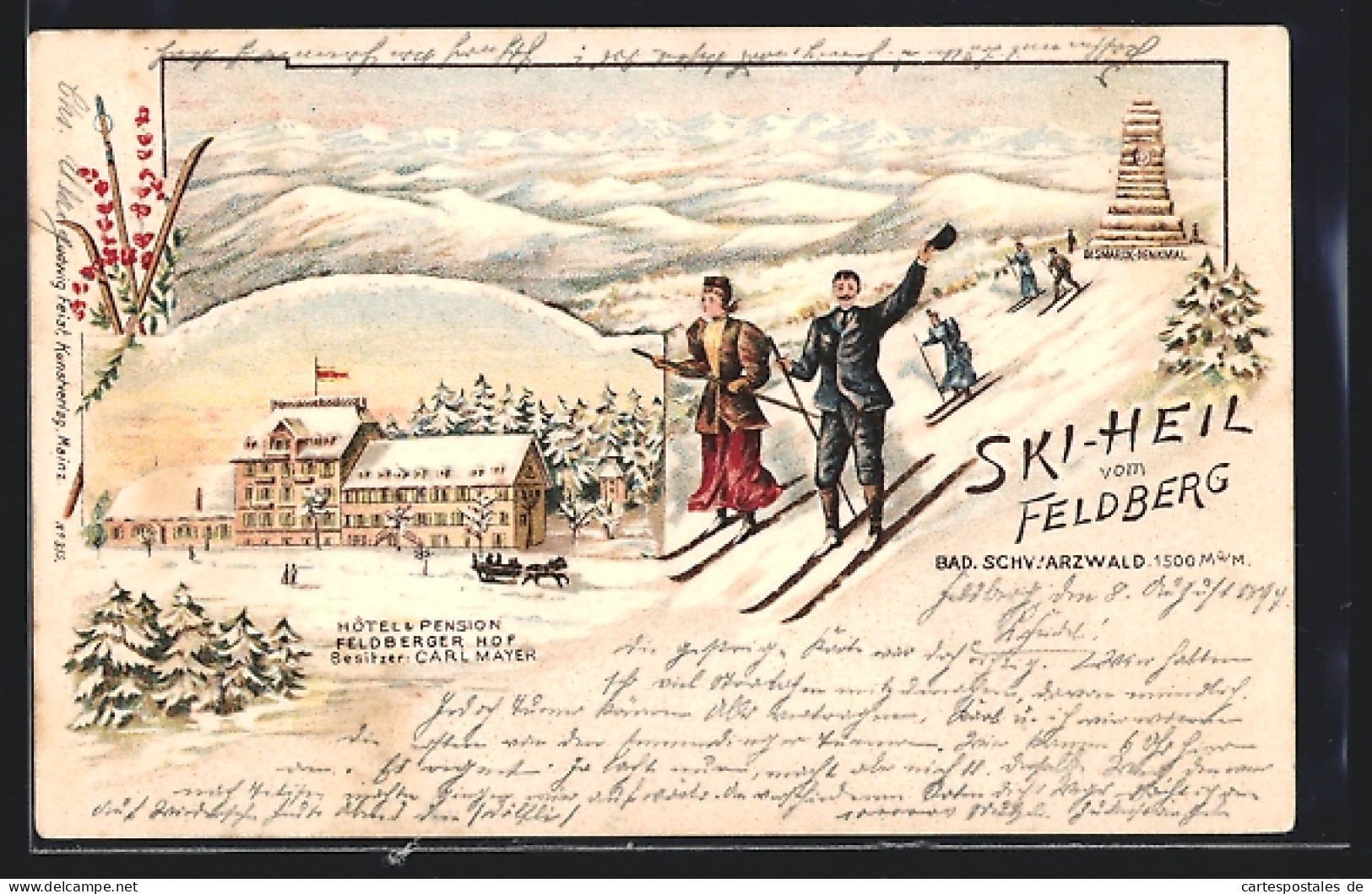 Winter-Lithographie Feldberg /Schwarzwald, Hotel-Pension Feldberger Hof Carl Mayer, Skiläufer Am Bismarck-Denkmal  - Other & Unclassified