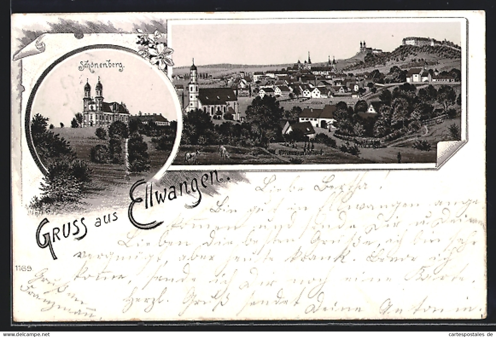 Lithographie Ellwangen, Schönenberg, Ortsansicht Aus Der Vogelschau  - Ellwangen