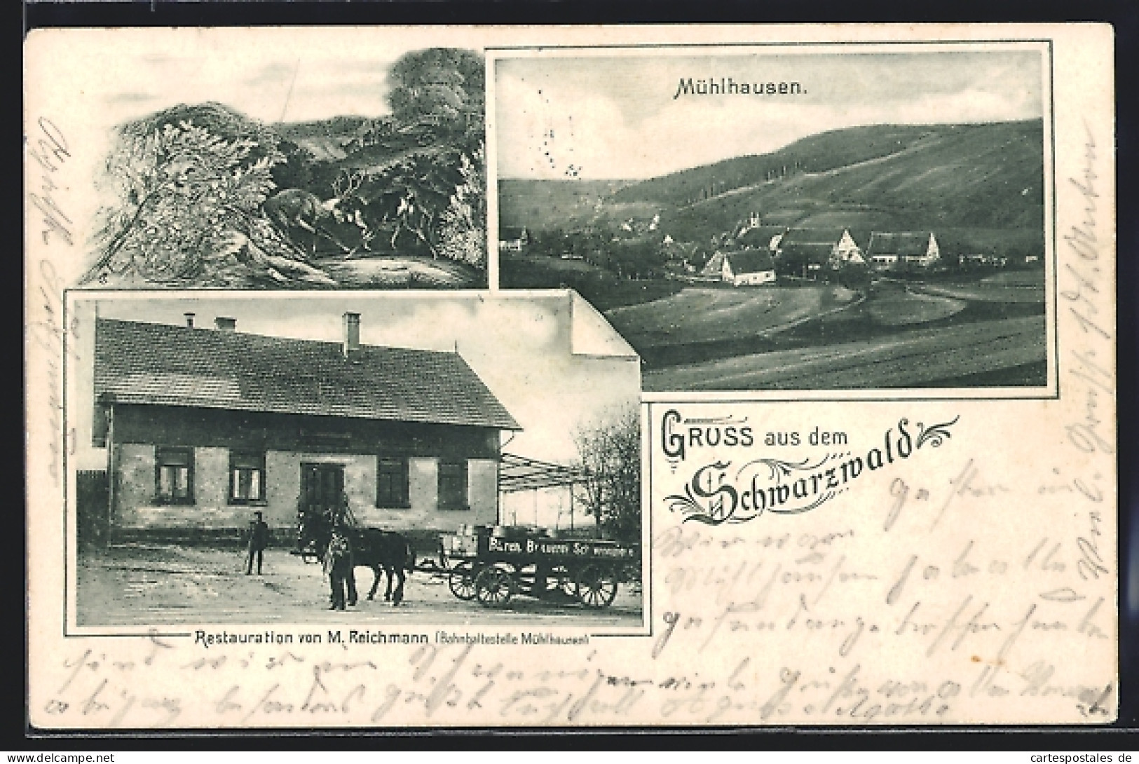AK Mühlhausen / Schwenningen, Restauration V. M. Reichmann, Ortsansicht  - Autres & Non Classés