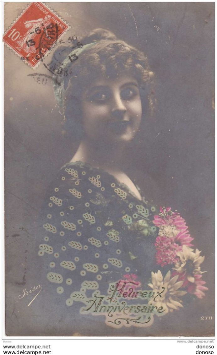 1913 ANNIVERSAIRE, Jeune Femme Signé Irisa, Circulé - Birthday