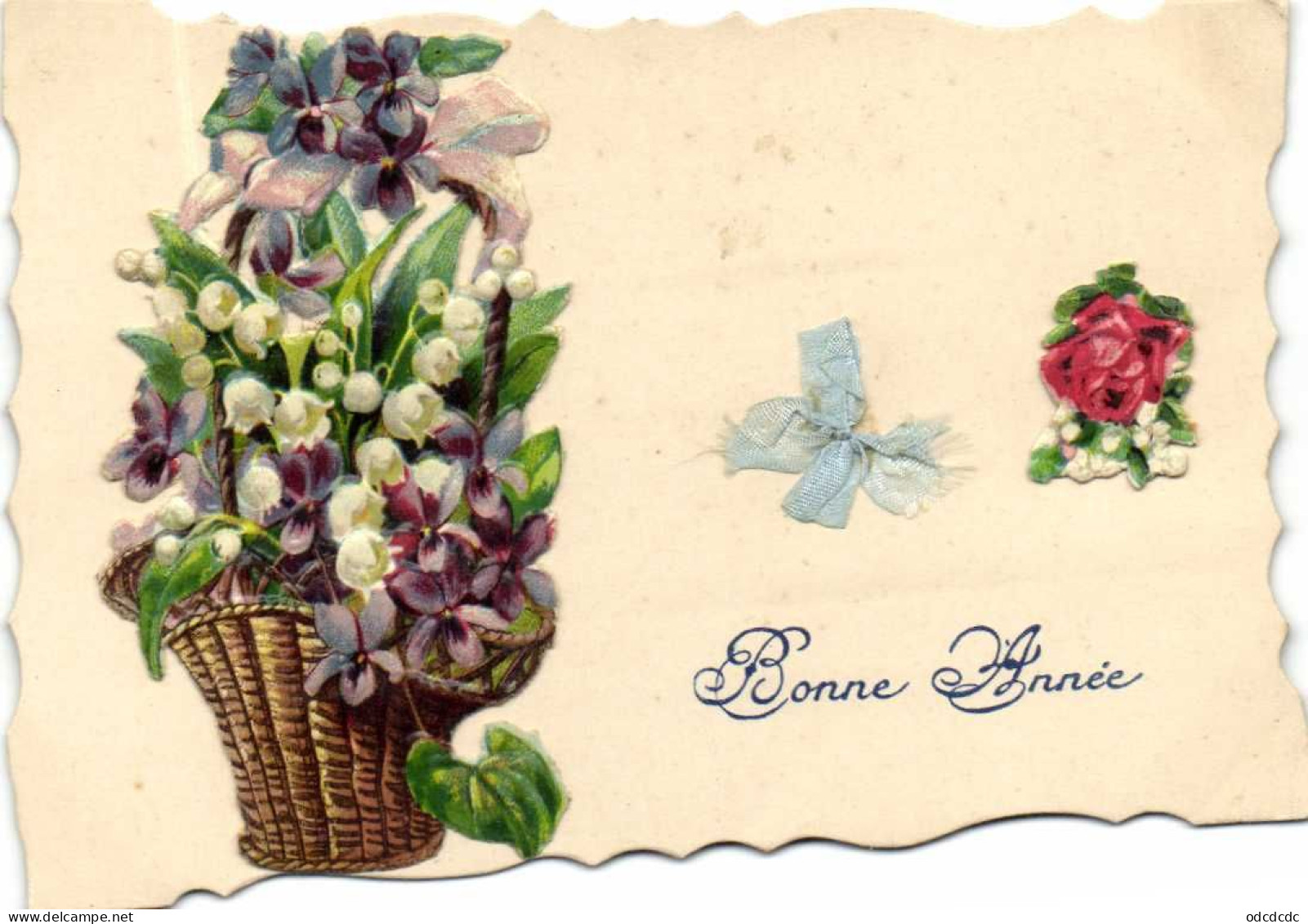 Carte Ajoutis Panier De Muguet Et Violettes Ruban Bleu  Roses  Bonne Année RV - Sonstige & Ohne Zuordnung