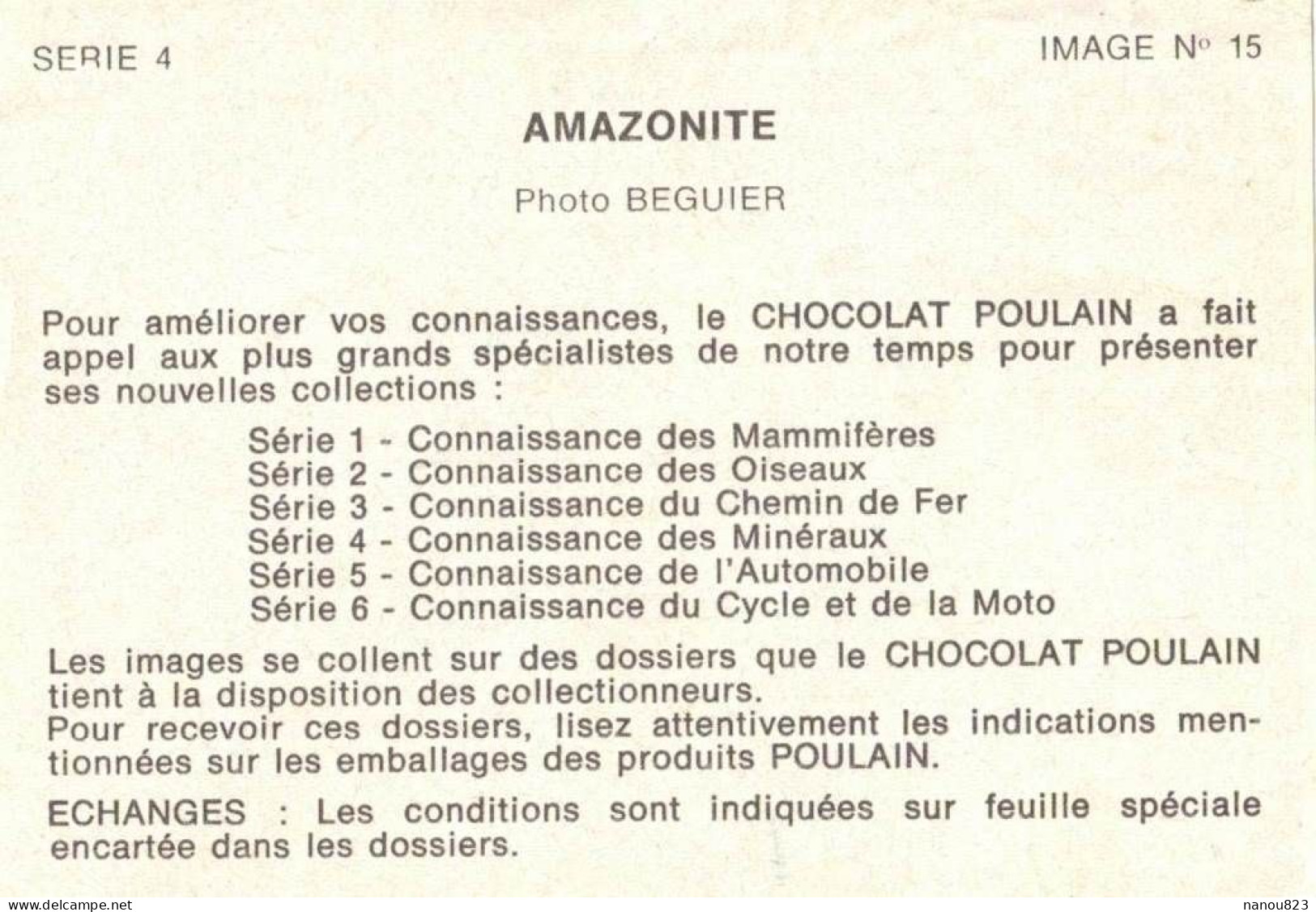 IMAGE CHROMO CHOCOLAT POULAIN Série 4 N° 15 GEOLOGIE MINERAUX MINERALOGIE AMAZONITE PIERRE VERTUS STIMULATEUR IMMUNITE - Poulain