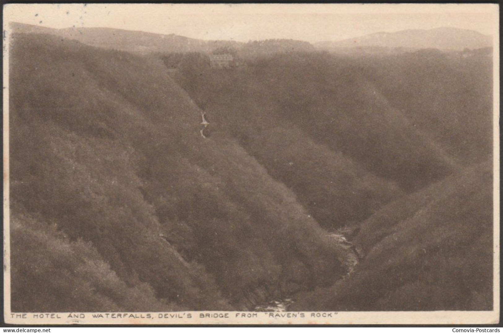 The Hotel And Waterfalls, Devil's Bridge From Raven Rock, 1922 - Lightfoot Postcard - Cardiganshire