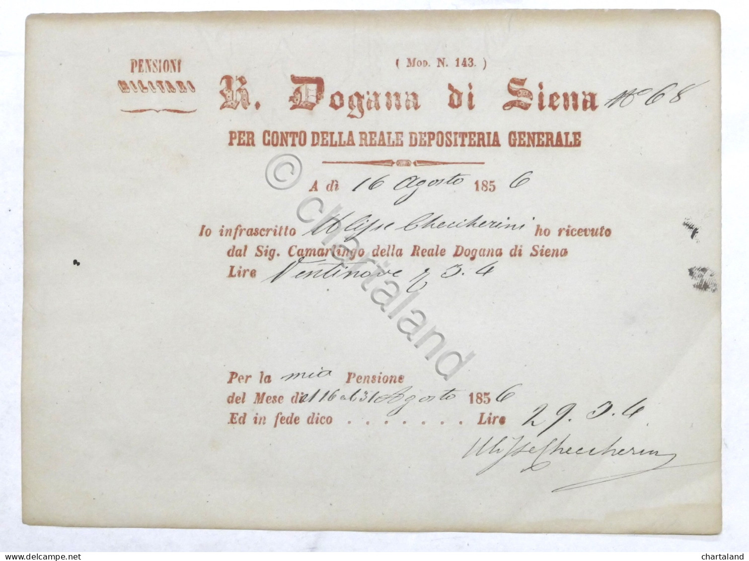 R. Dogana Di Siena - Depositeria Generale - Ricevuta Pensione Militare - 1856 - Documentos