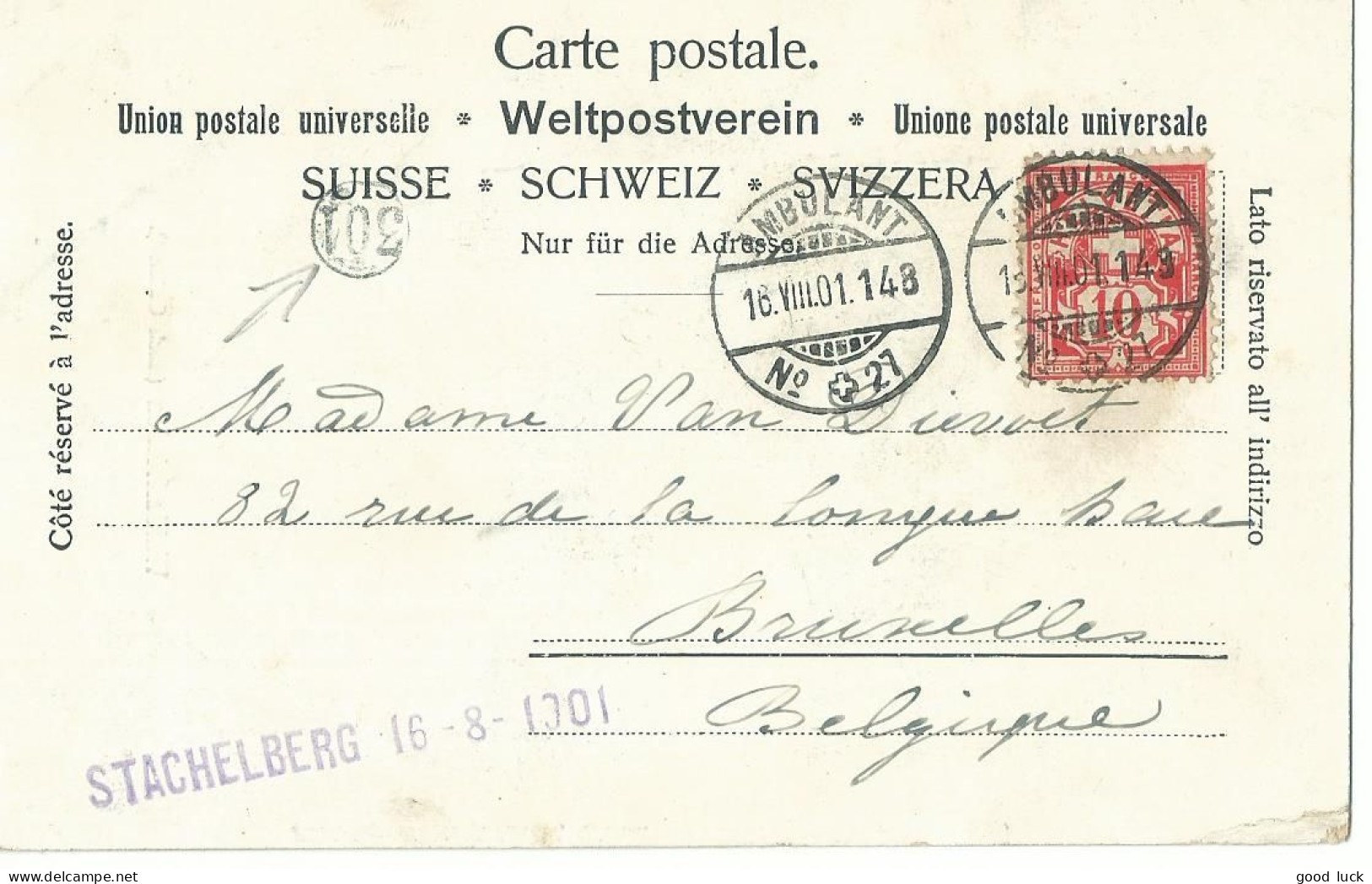 SUISSE  CARTE 10c  AMBULANT N° 27 POUR BRUXELLES ( BELGIQUE ) DE 1901 LETTRE COVER - Covers & Documents