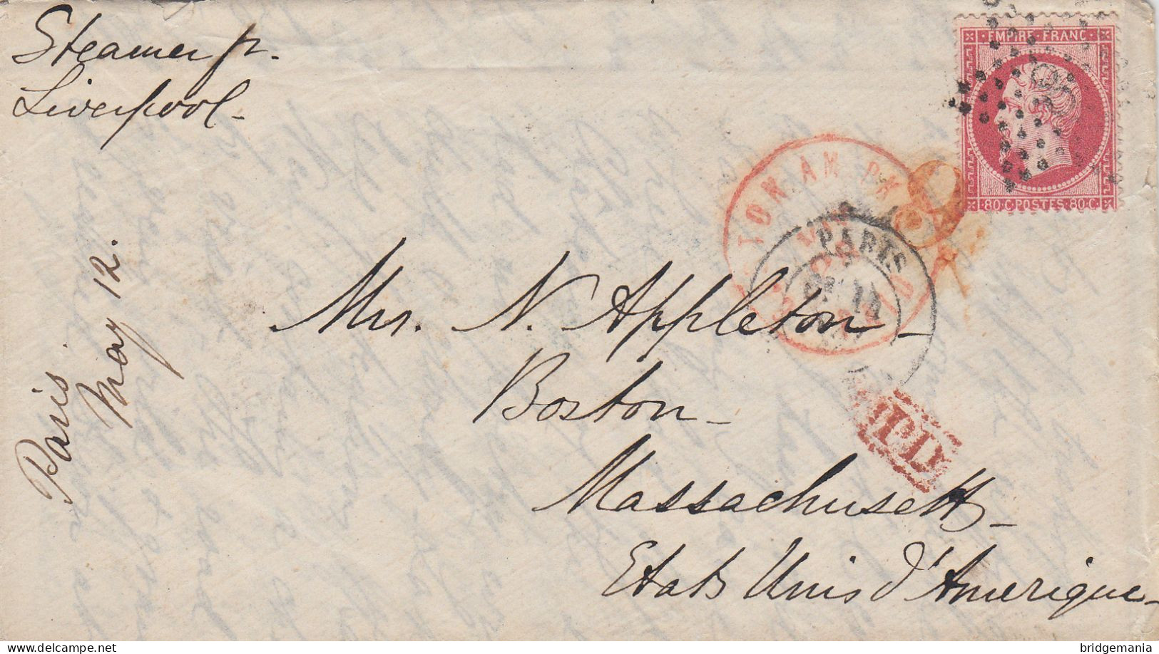 MTM141 - 1867 TRANSATLANTIC LETTER FRANCE TO USA Steamer CITY OF BOSTON THE INMAN LINE - PAID - Marcophilie