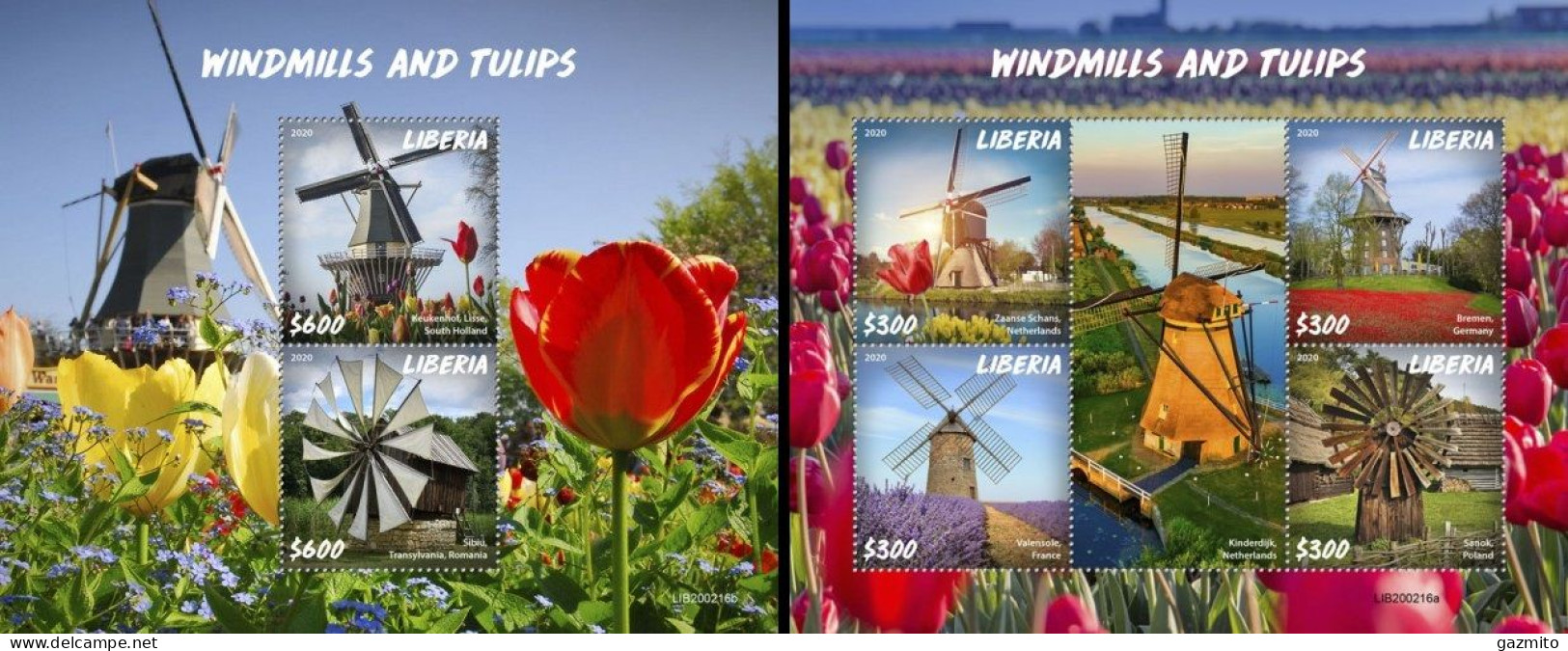 Liberia 2020, Windmills And Tulips, 4val In BF+BF - Molinos