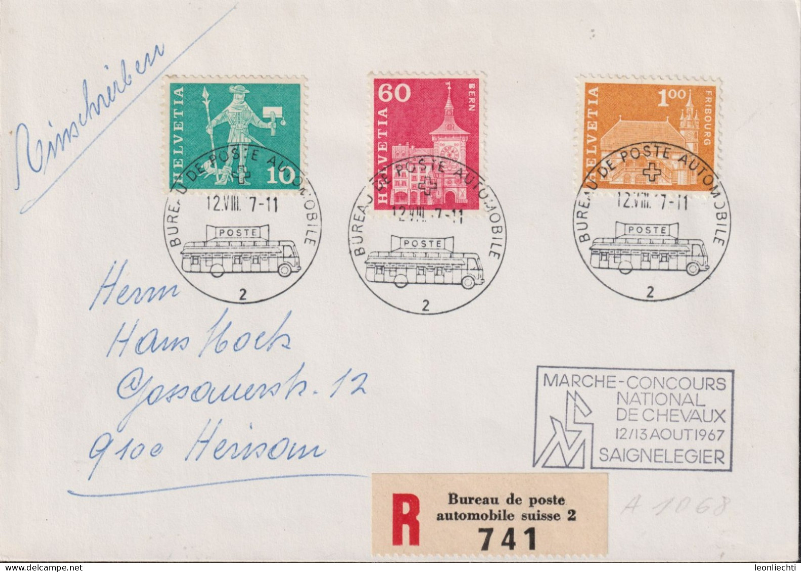 1967 Schweiz,R-Brief, Mischfrankatur, Zum:CH 356R+364L+369L, Mi:CH 697Rx+705y+710y, MARCH-CONCOURS, SAIGNELEGIER - Cartas & Documentos