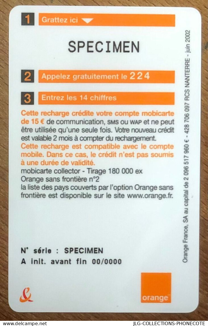 MOBICARTE ORANGE SANS FRONTIÈRE SPÉCIMEN MBC MOBI GSM SCHEDA PHONE CARD PREPAID PREPAYÉE CALLING CARD CARTE TELECARTE - Cellphone Cards (refills)