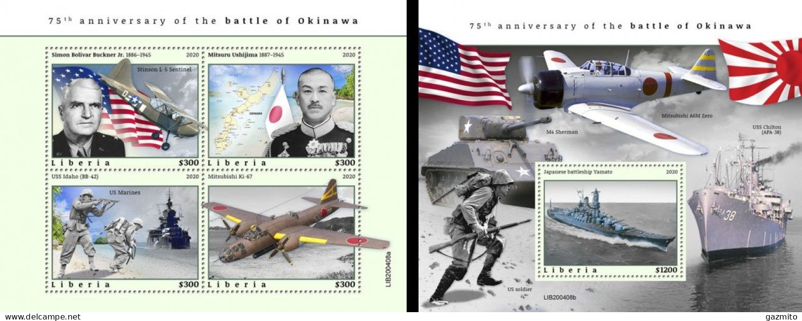 Liberia 2020, WWII, Battle Of Okinawa, Plane, Ship, 4val In BF +BF - Liberia