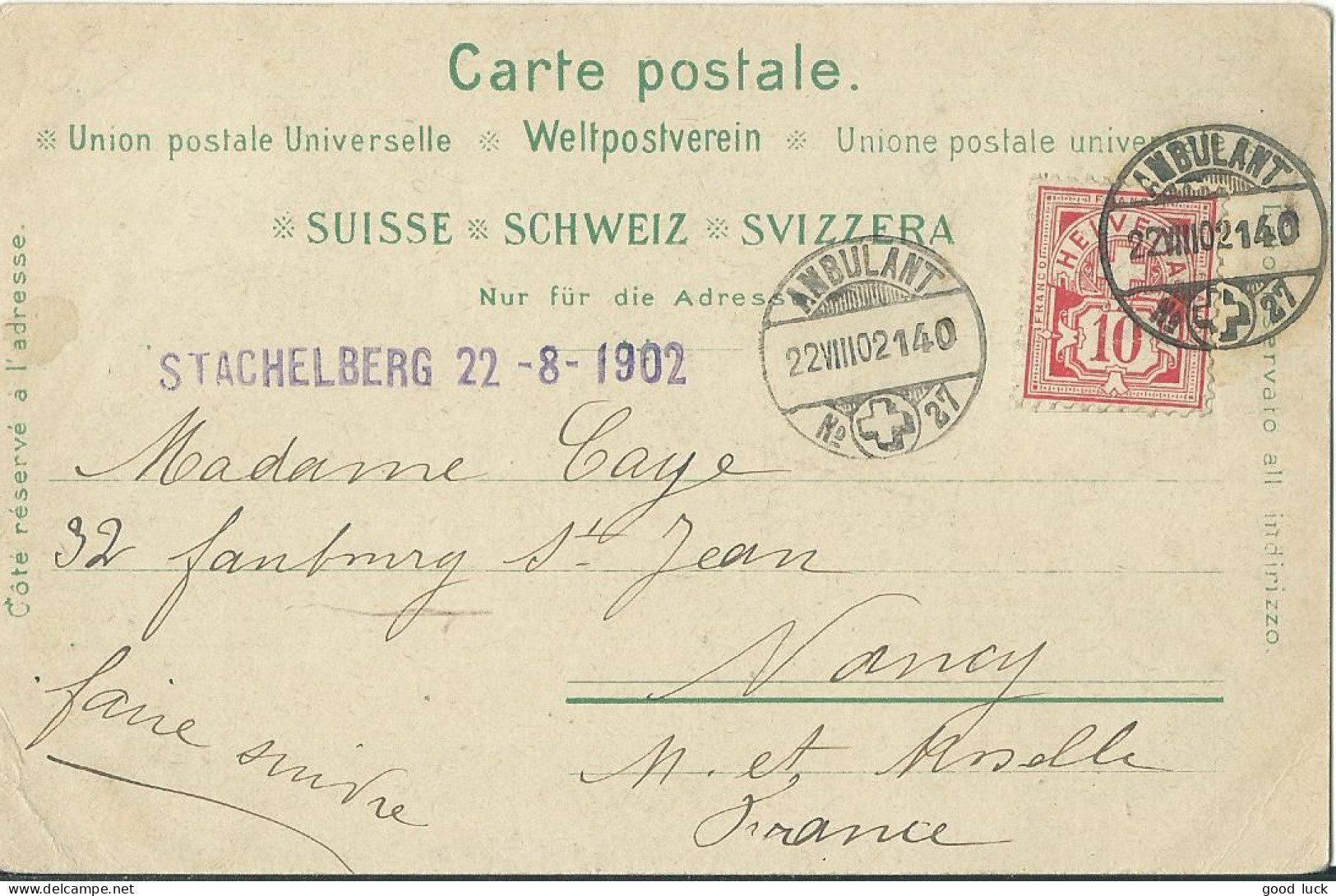 SUISSE  CARTE 10c  AMBULANT N° 27 POUR NANCY ( MEURTHE ET MOSELLE ) DE 1902 LETTRE COVER - Lettres & Documents