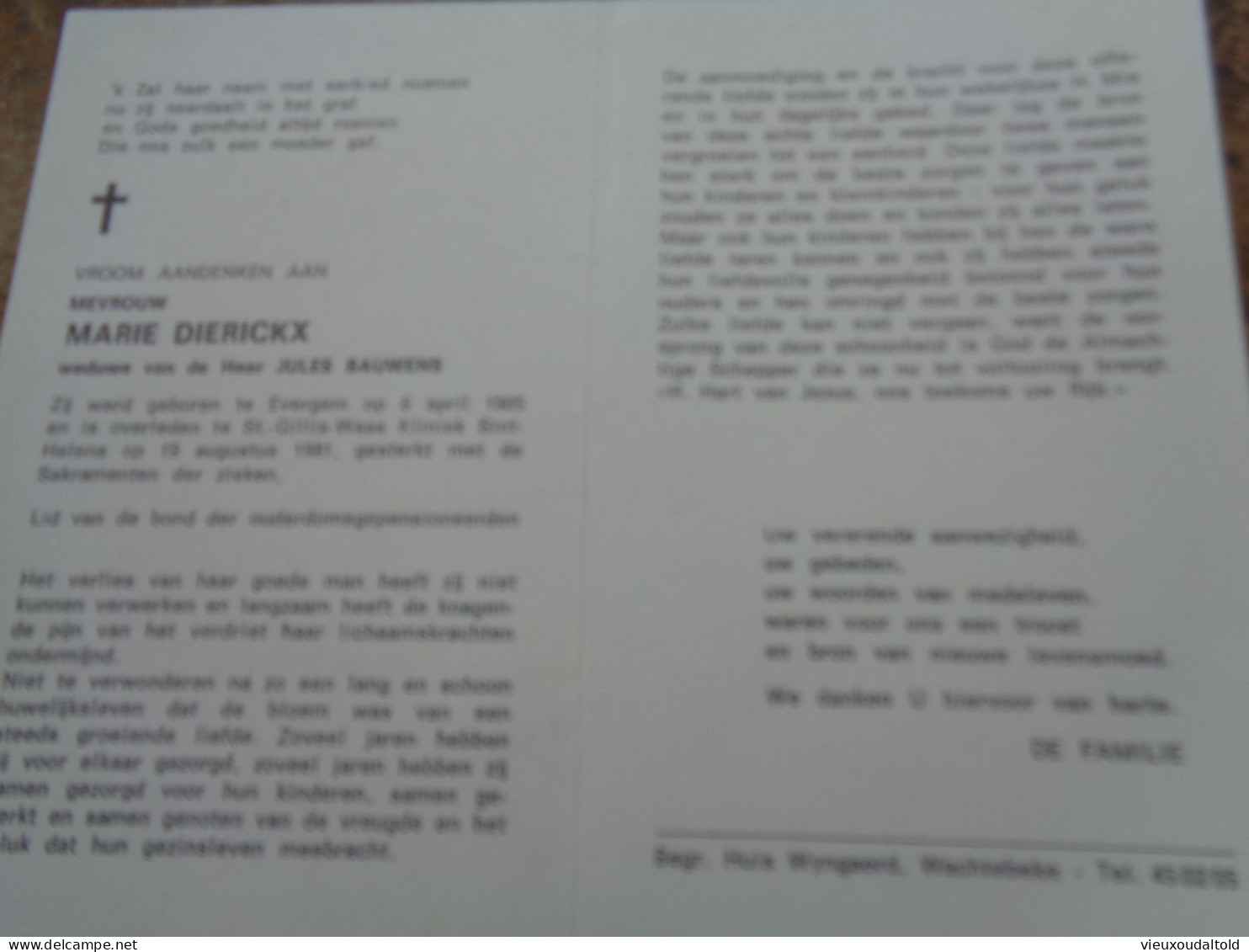 Doodsprentje/Bidprentje  MARIE DIERICKX   Evergem 1905-1981 St Gillis-Waas  (Wwe Jules BAUWENS) - Religion & Esotérisme