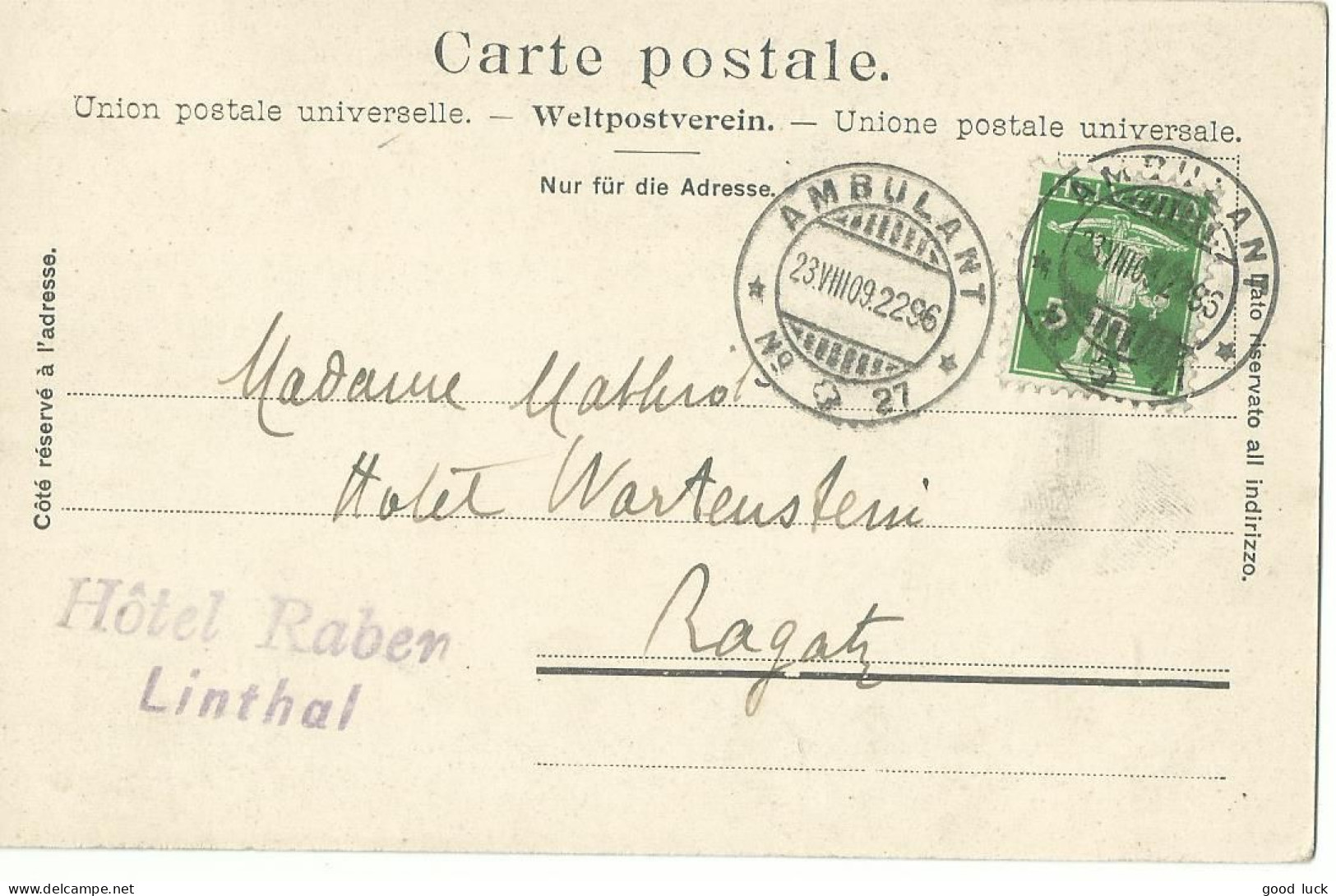 SUISSE  CARTE 5c  AMBULANT N° 27 POUR RAGAZ DE 1909 LETTRE COVER - Storia Postale